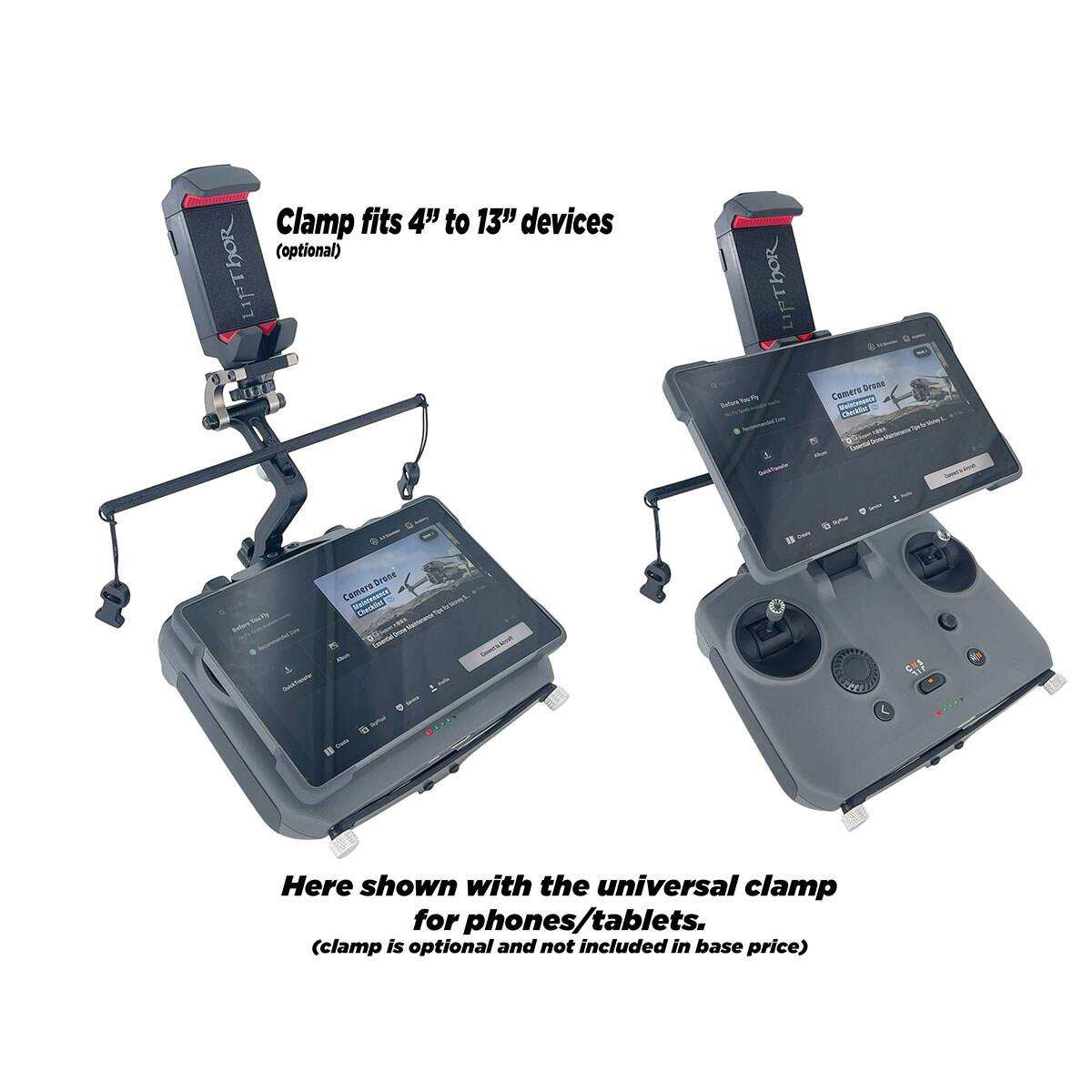 Clamp fits 4" to 13" devices (optional)  
LIPThOR  
LIPTHOR  
BnlorsTw.fle  
Camera Drosm AEAN  
Aokins 1  
Srabk Cemera  
Meintemeers  

Here shown with the universal clamp for phones/tablets.  
(clamp is optional and not included in base price)