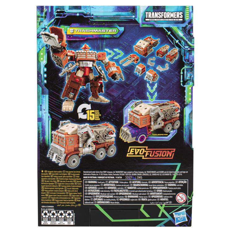 Sure, here is the corrected and grouped text from the image:

---

**TRANSFORMERS**  
BEYOND THE GRID

**TRASHMASTER**  
EVO FUSION

**£15**

**WARNING:**  
- ATTENTION:  
- ADVERTENCIA:  
- WAARSCHUWING:  
- AVARSEL:  
- ADVARSEL:  
- VARNING:  
- AVERTISMENT:  
- UPOZORENIE:  
- UPPOZORILO:  
- OPGZORILO:  
- HOLATUS:  
- OSTRZEŻENIE:  
- FIGYELMIEZTETES:  
- UPOZORNENIE:  
- AVERTISMENT:  
- UPOZORENJE:  
- ISPERMAS:  
- OPGZORILO:  
- HOLATUS:  
- 0-3

**MADE IN VIETNAM**  
FABRIQUÉ AU VIETNAM

**30101**  
**3145**

**WARNING:** Small parts. Not for children under 3 years.

**EVO FUSION**

**TRANSFORMERS