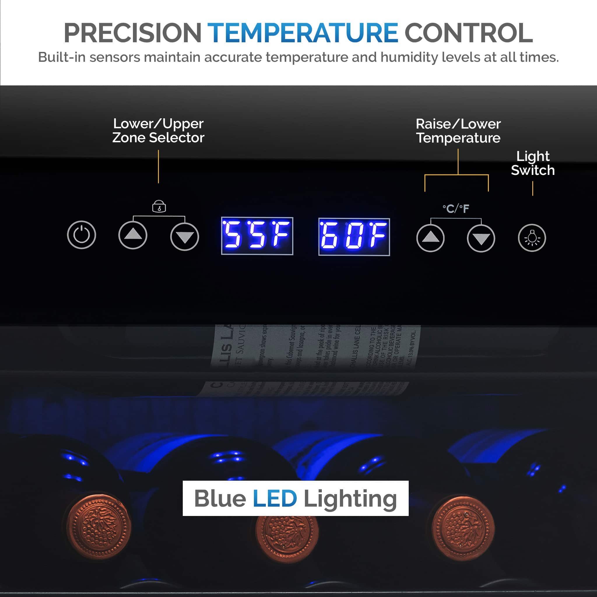 The image shows a precision temperature control device that maintains accurate temperature and humidity levels at all times. It features built-in sensors and a lower/upper zone selector, as well as a raise/lower temperature light switch. The device displays the current temperature in both Celsius and Fahrenheit, with the current temperature being 55°F. The device also has a blue LED lighting feature, which is likely used for visibility or aesthetic purposes.
