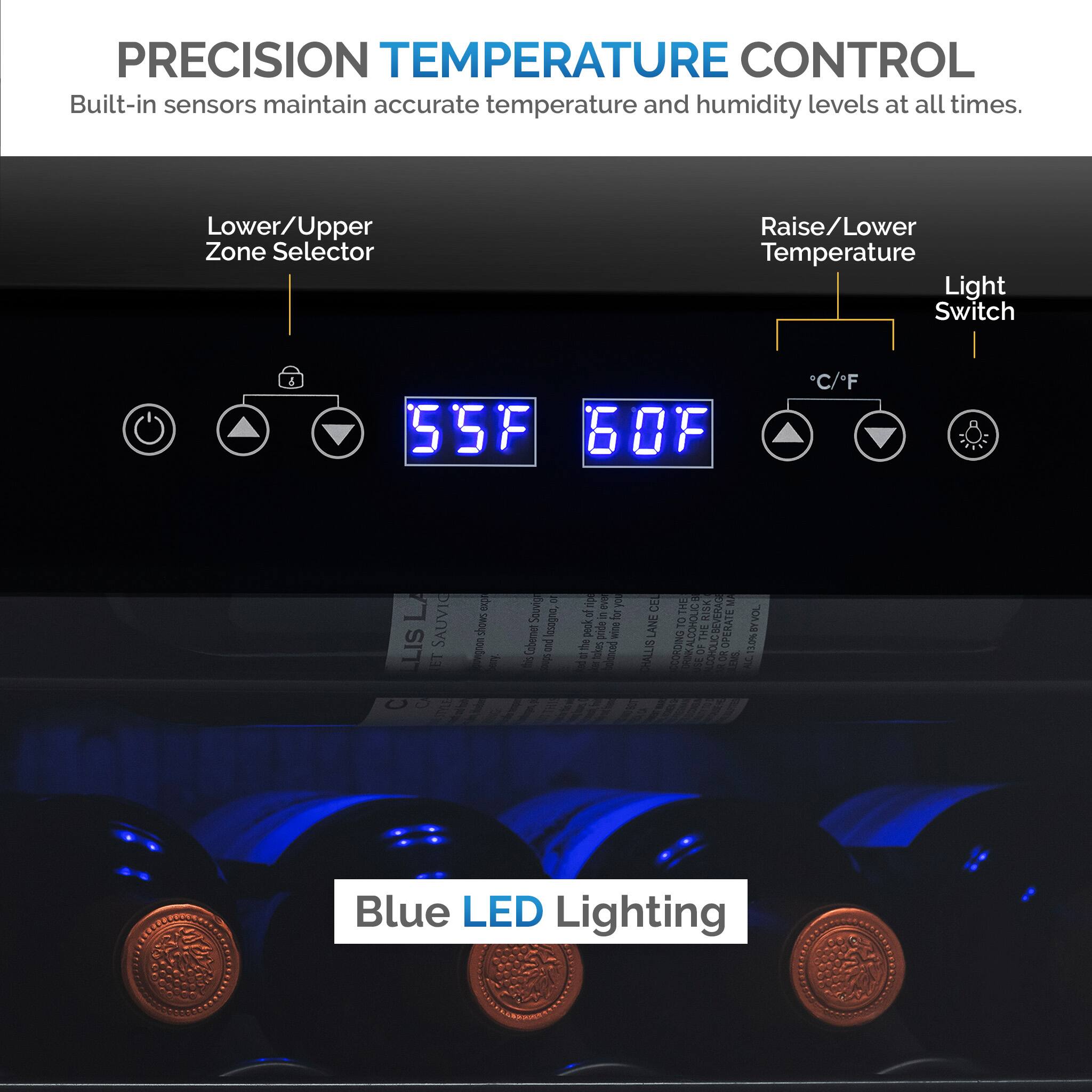 The image shows a precision temperature control device that maintains accurate temperature and humidity levels at all times. It features built-in sensors and a lower/upper zone selector, as well as a raise/lower temperature light switch. The device displays the current temperature in both Celsius and Fahrenheit, with the current temperature being 55°F. The device also has a blue LED lighting feature, which is likely used for visibility or aesthetic purposes.