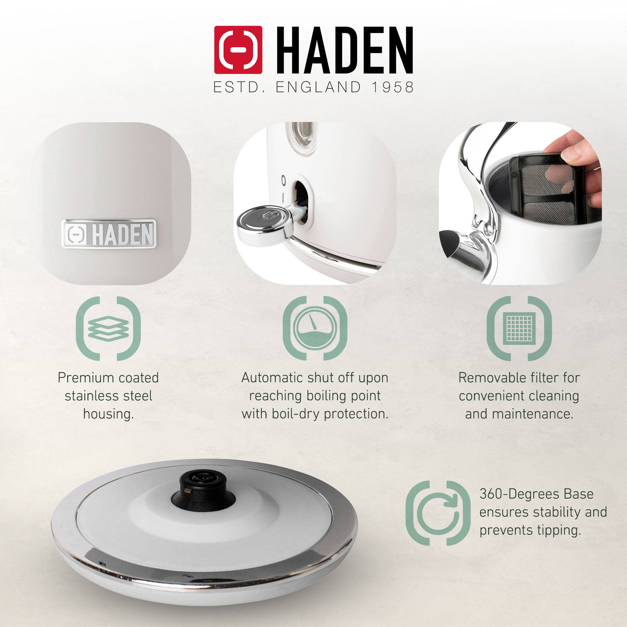 HADEN  
ESTD. ENGLAND 1958  

- Premium coated stainless steel housing.  
- Automatic shut off upon reaching boiling point with boil-dry protection.  
- Removable filter for convenient cleaning and maintenance.  
- 360-Degrees Base ensures stability and prevents tipping.