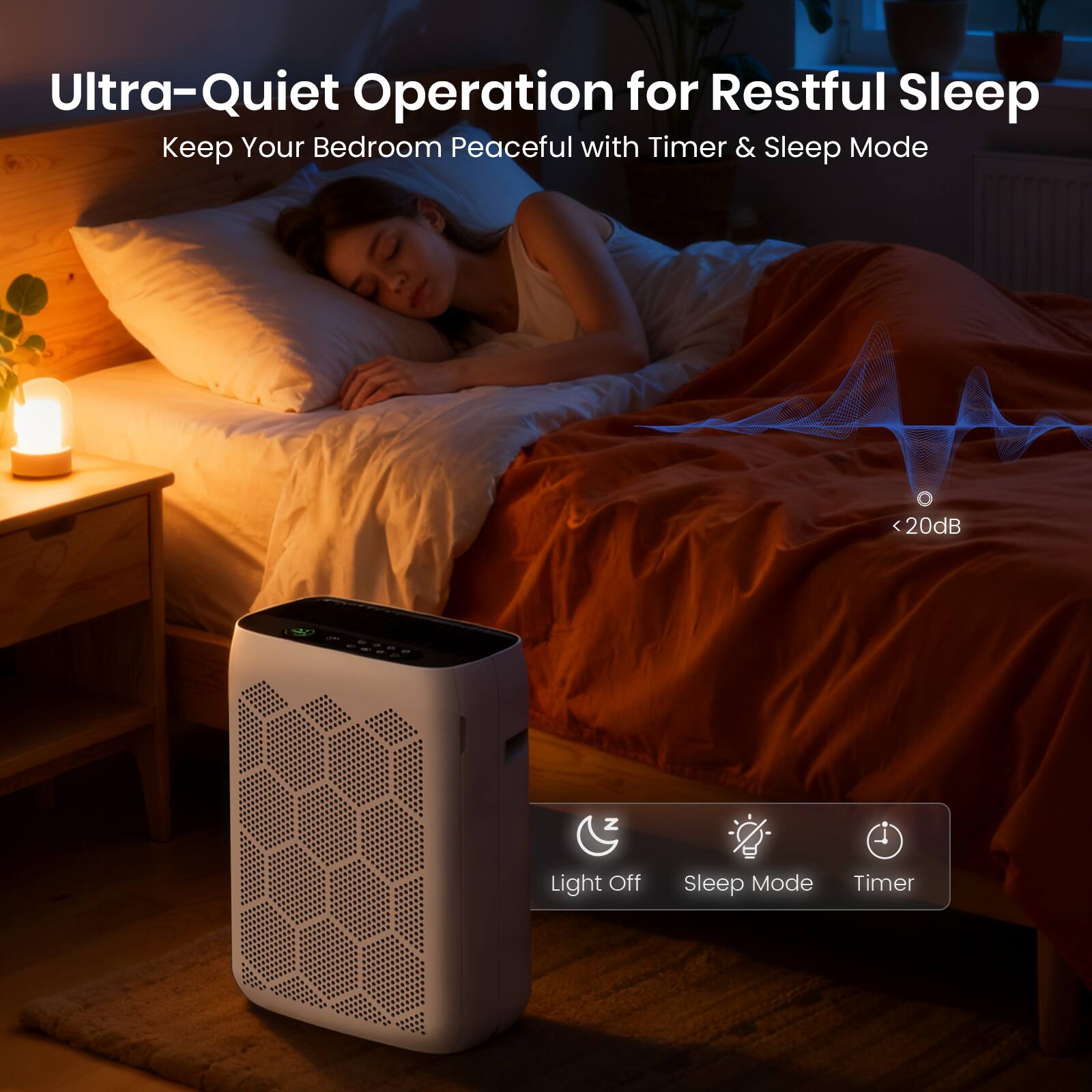 Ultra-Quiet Operation for Restful Sleep  
Keep Your Bedroom Peaceful with Timer & Sleep Mode  
<20dB  

Light Off  
Sleep Mode  
Timer