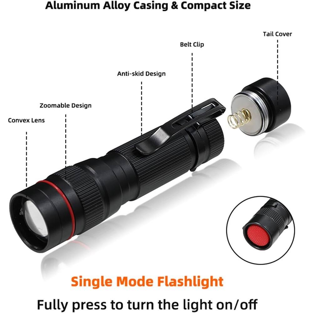 Aluminum Alloy Casing & Compact Size

- Belt Clip
- Tail Cover
- Anti-skid Design
- Zoomable Design
- Convex Lens

Single Mode Flashlight

Fully press to turn the light on/off