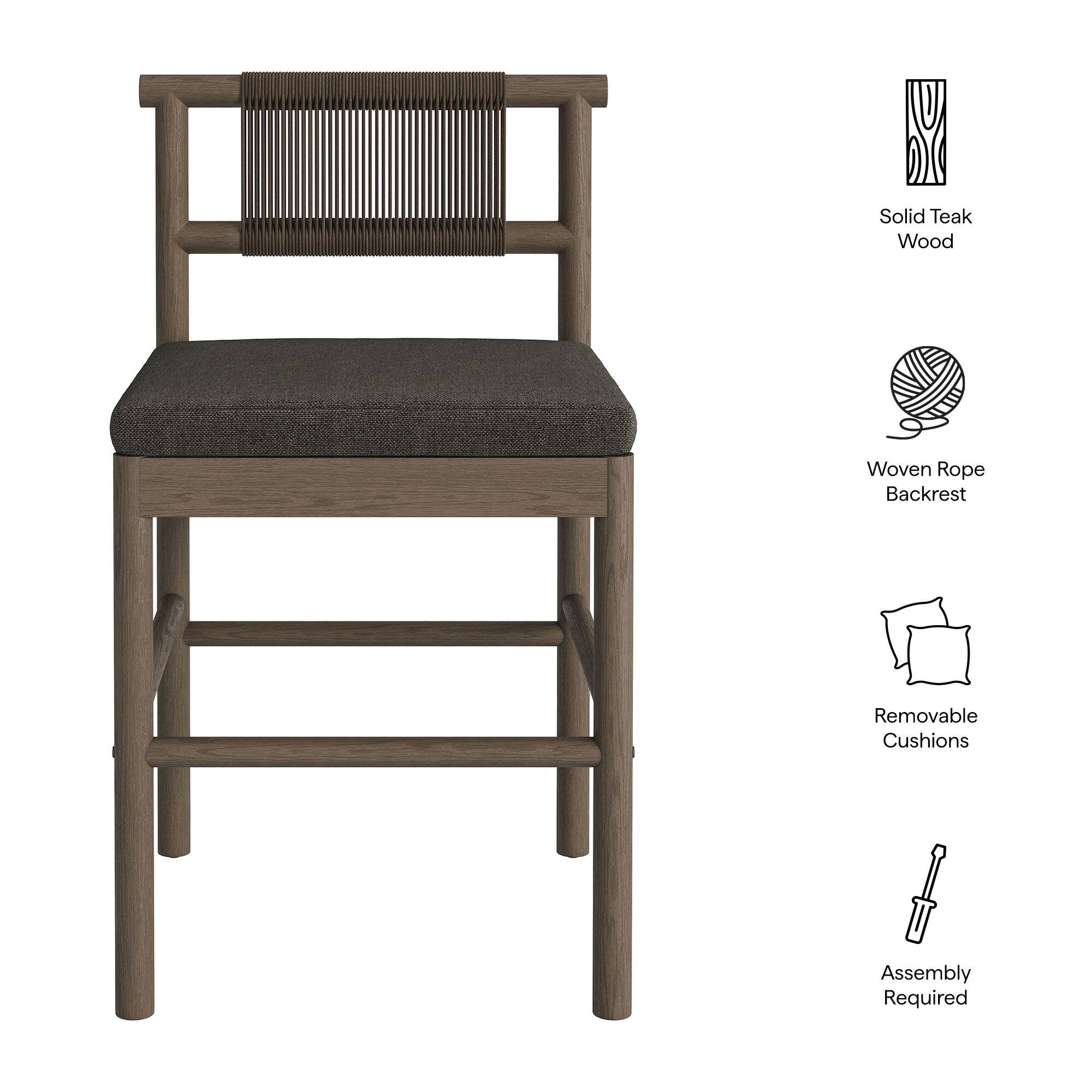 Solid Teak Wood  
Woven Rope Backrest  
Removable Cushions  
Assembly Required