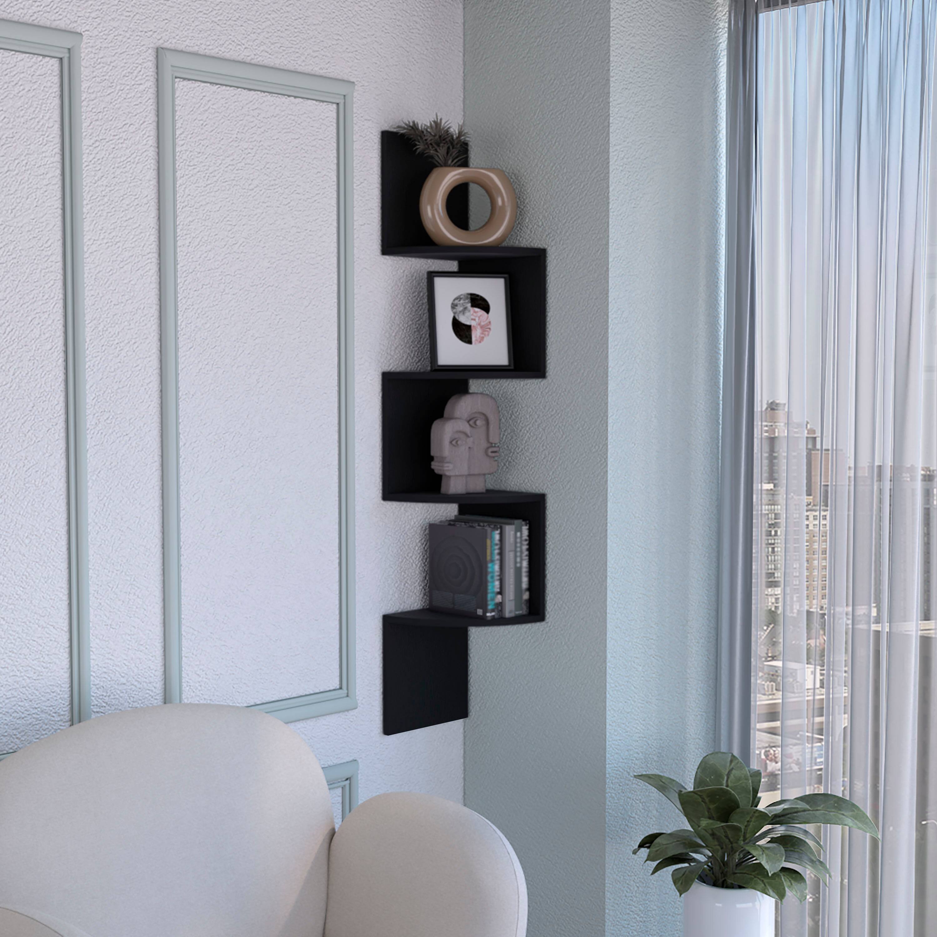 Angle. TuHome - Rosset Corner Shelf, Modern Full-Wall Design With Multiple Shelving - Black.
