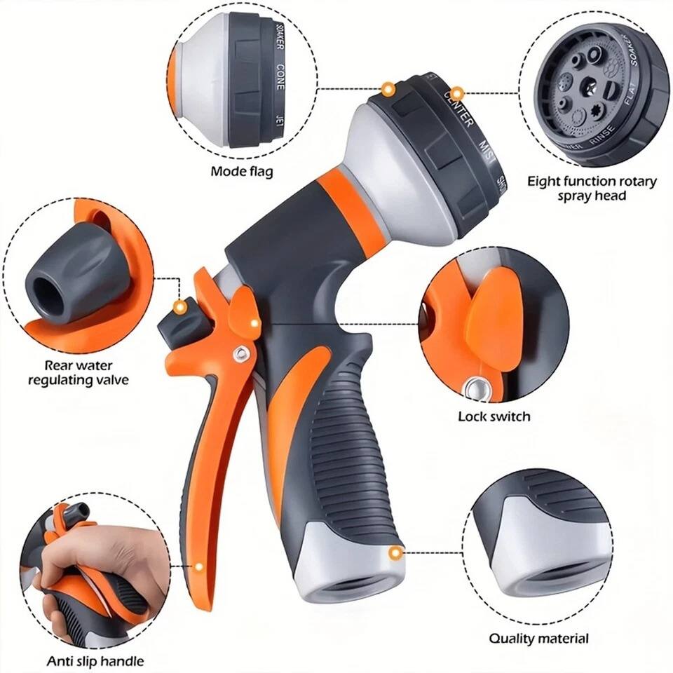 - Mode flag
- Eight function rotary spray head
- Rear water regulating valve
- Lock switch
- Anti slip handle
- Quality material