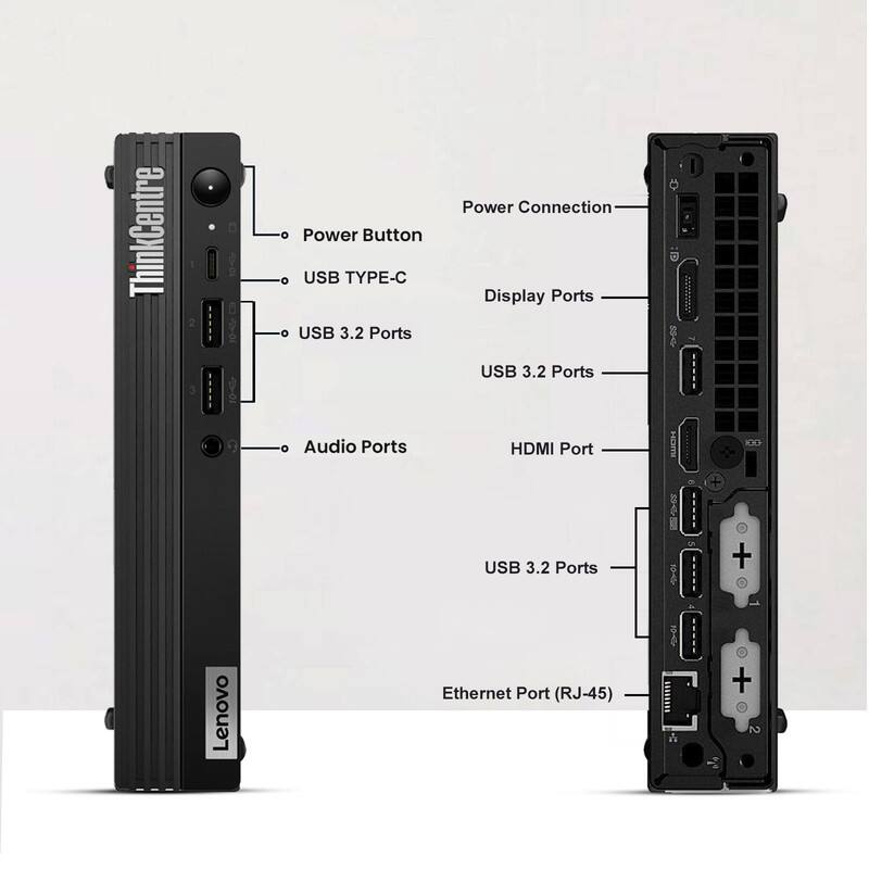 Sure, here is the corrected and grouped text:

- **Front Panel:**
  - Power Button
  - USB TYPE-C
  - USB 3.2 Ports
  - Audio Ports

- **Rear Panel:**
  - Power Connection
  - Display Ports
  - USB 3.2 Ports
  - HDMI Port
  - USB 3.2 Ports
  - Ethernet Port (RJ-45)