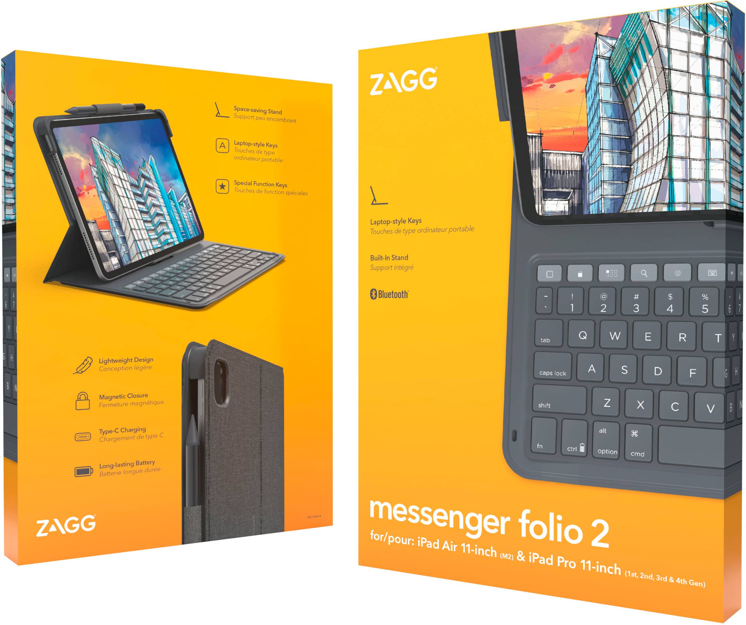 The text on the image reads:
"Space-saving Stand Support Un encombrant ZAGG ... Laptop-style Keys Touches de type ordinateur portable Buit In Stand Support intgre Bluetooth - d 1 2 3 $ 4 % 5 I I 1 tab W E R T 1 Lightweight Design Conception legre CRps lock A S D F E Magnetic Closure Fermeture magnetique shift Z x V . Type- Charging de type . Chargement Long-lasting Battery longue dunne Battere ZAGG all fn Ctn option cmd messenger for/pour: iPad folio 2 Air 11-inch (M2) & iPad Pro 11-inch (1st 2nd, 3rd & 4th Gen)"