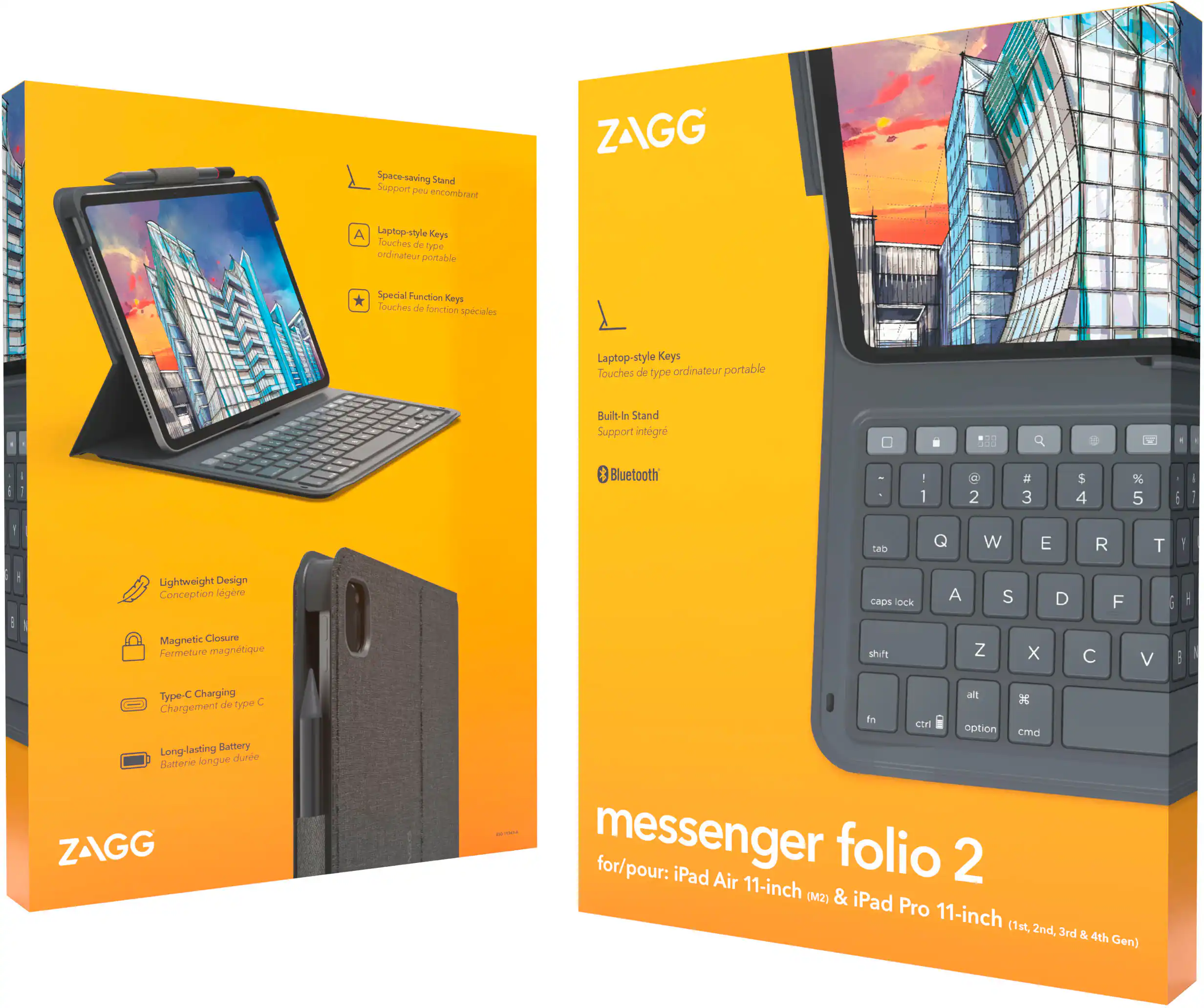 The text on the image reads:

"Space-saving Stand Support Un encombrant ZAGG ... Laptop-style Keys Touches de type ordinateur portable Buit In Stand Support intgre Bluetooth - d 1 2 3 $ 4 % 5 I I 1 tab W E R T 1 Lightweight Design Conception legre CRps lock A S D F E Magnetic Closure Fermeture magnetique shift Z x V . Type- Charging de type . Chargement Long-lasting Battery longue dunne Battere ZAGG all fn Ctn option cmd messenger for/pour: iPad folio 2 Air 11-inch (M2) & iPad Pro 11-inch (1st 2nd, 3rd & 4th Gen)"