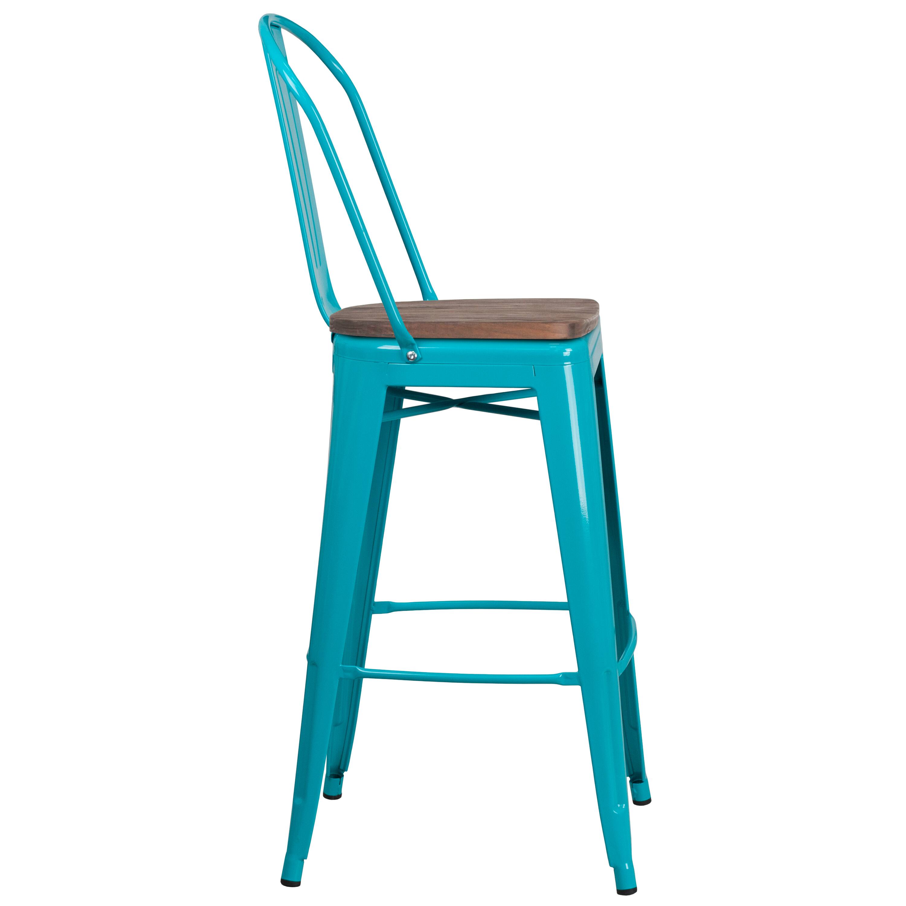 Alt View 4. Emma + Oliver - 30"H Metal Dining Barstool with Back and Wood Seat - Crystal Teal-Blue.