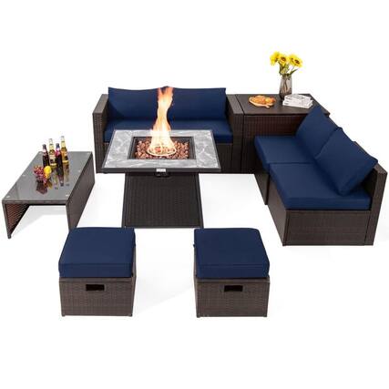 Front. Kadyn - 9 Pcs Patio PE Wicker Sectional Set with 50000 BTU Fire Pit Table-Navy, Patio Seating Conversation - Blue.