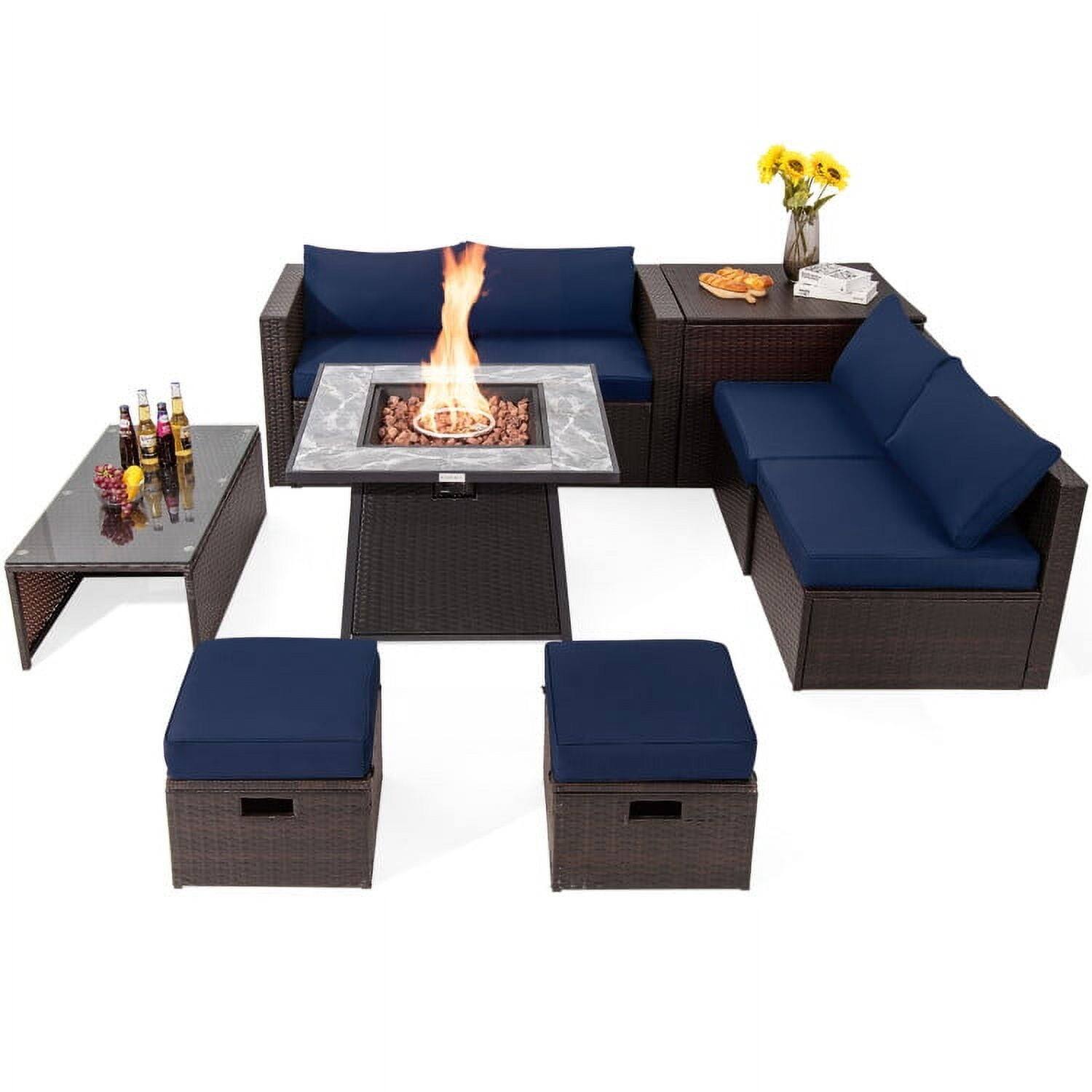 Front. Kadyn - 9 Pcs Patio PE Wicker Sectional Set with 50000 BTU Fire Pit Table-Navy, Patio Seating Conversation - Blue.
