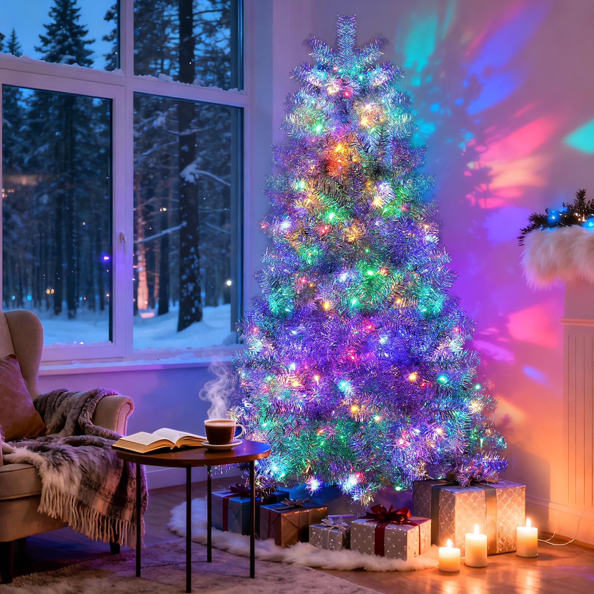 MOOSOO - 6FT Pre-Lit Artificial Christmas Tree, 800 Branch Tips, 300 LED Lights,Holiday Decoration Tree for Indoor and Outdoor - Silver