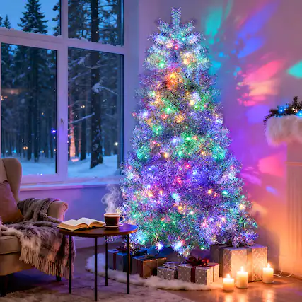 Front. MOOSOO - 6FT Pre-Lit Artificial Christmas Tree, 800 Branch Tips, 300 LED Lights,Holiday Decoration Tree for Indoor and Outdoor - Silver.