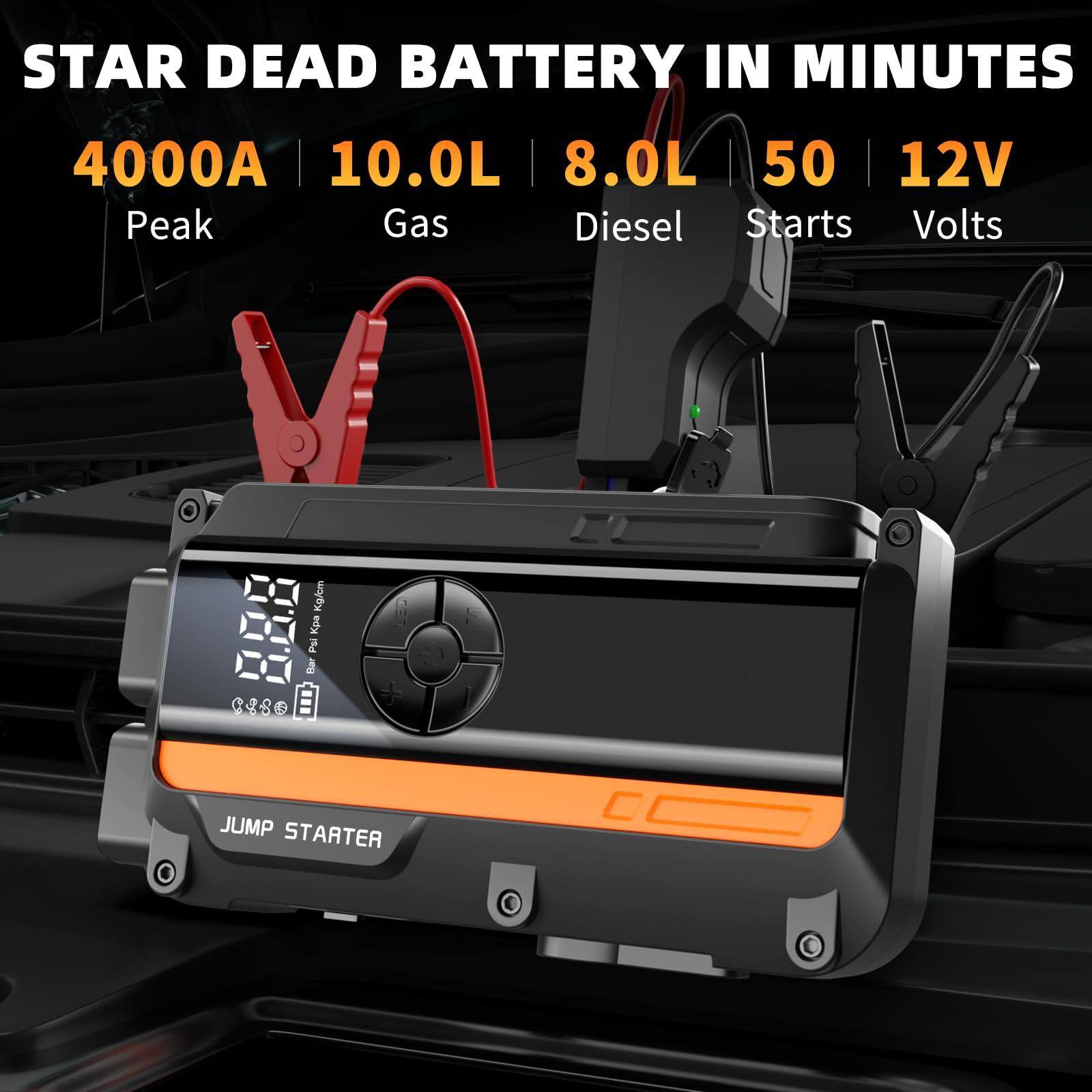 STAR DEAD BATTERY IN MINUTES

4000A Peak  
10.0L Gas  
8.0L Diesel  
50 Starts  
12V Volts  

JUMP STARTER