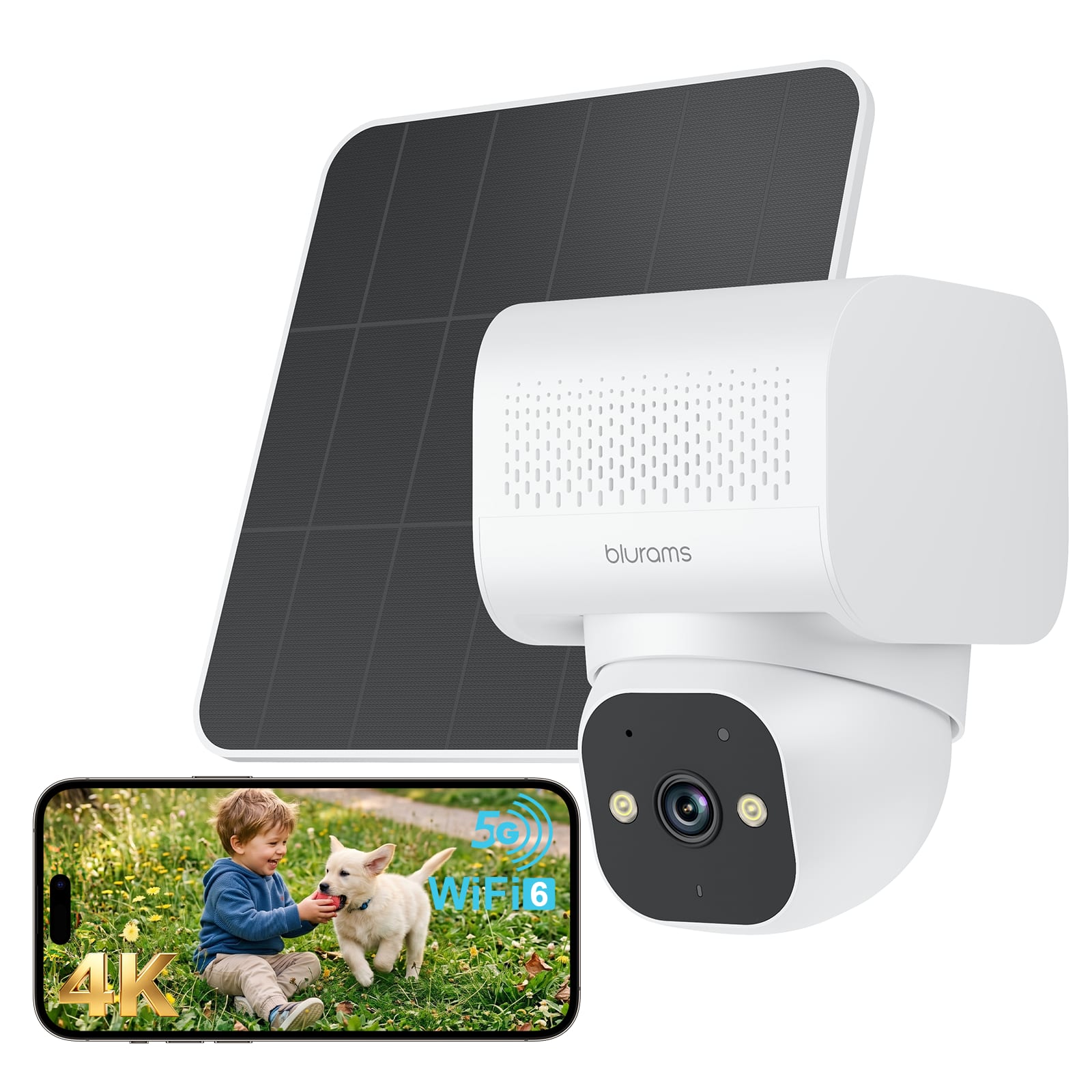 Blurams - 4K Solar Security Camera Outdoor, Wireless Battery Powered with Solar Panel, AOV Motion Detection, Two-Way Talk, IP66 We