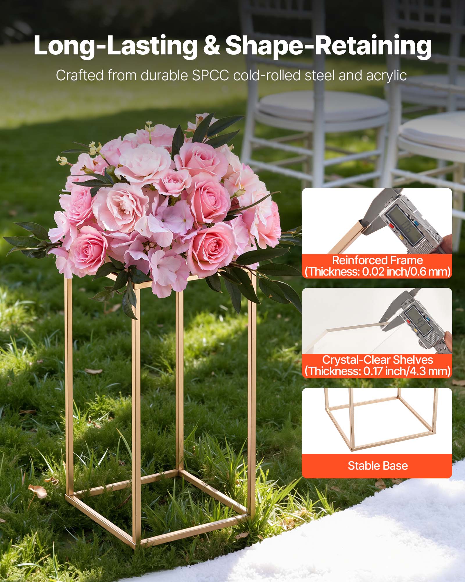 Long-Lasting & Shape-Retaining  
Crafted from durable SPCC cold-rolled steel and acrylic  

- Reinforced Frame (Thickness: 0.02 inch/0.6 mm)  
- Crystal-Clear Shelves (Thickness: 0.17 inch/4.3 mm)  
- Stable Base