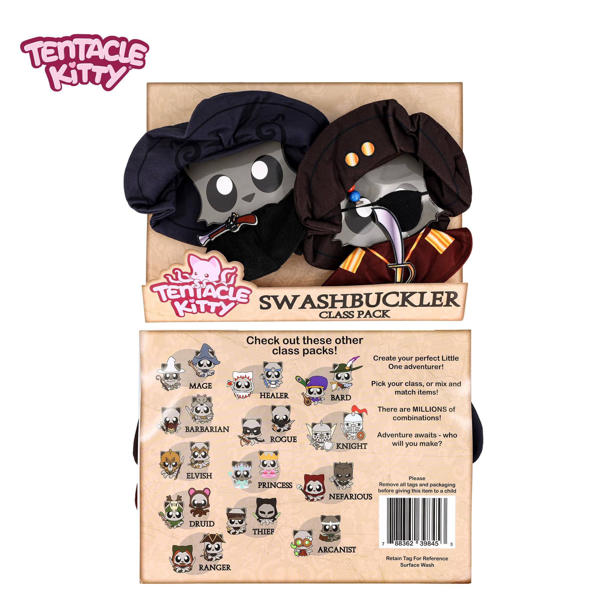 TENTACLE KITTY  
TENTACLE SWASHBUCKLER KITTY CLASS PACK  

Check out these other class packs!  
Create your perfect Little One adventurer!  

MAGE  
BARBARIAN  
HEALER  
ROGUE  
BARD  
KNIGHT  
ELVISH PRINCESS  
NEFARIOUS  
DRUID  
THIEF  
RANGER  
ARCANIST  

Please remove all tags and packaging before giving this to a child.  

362 39045 1  
Retain Tag For Reference  
Surface Wash