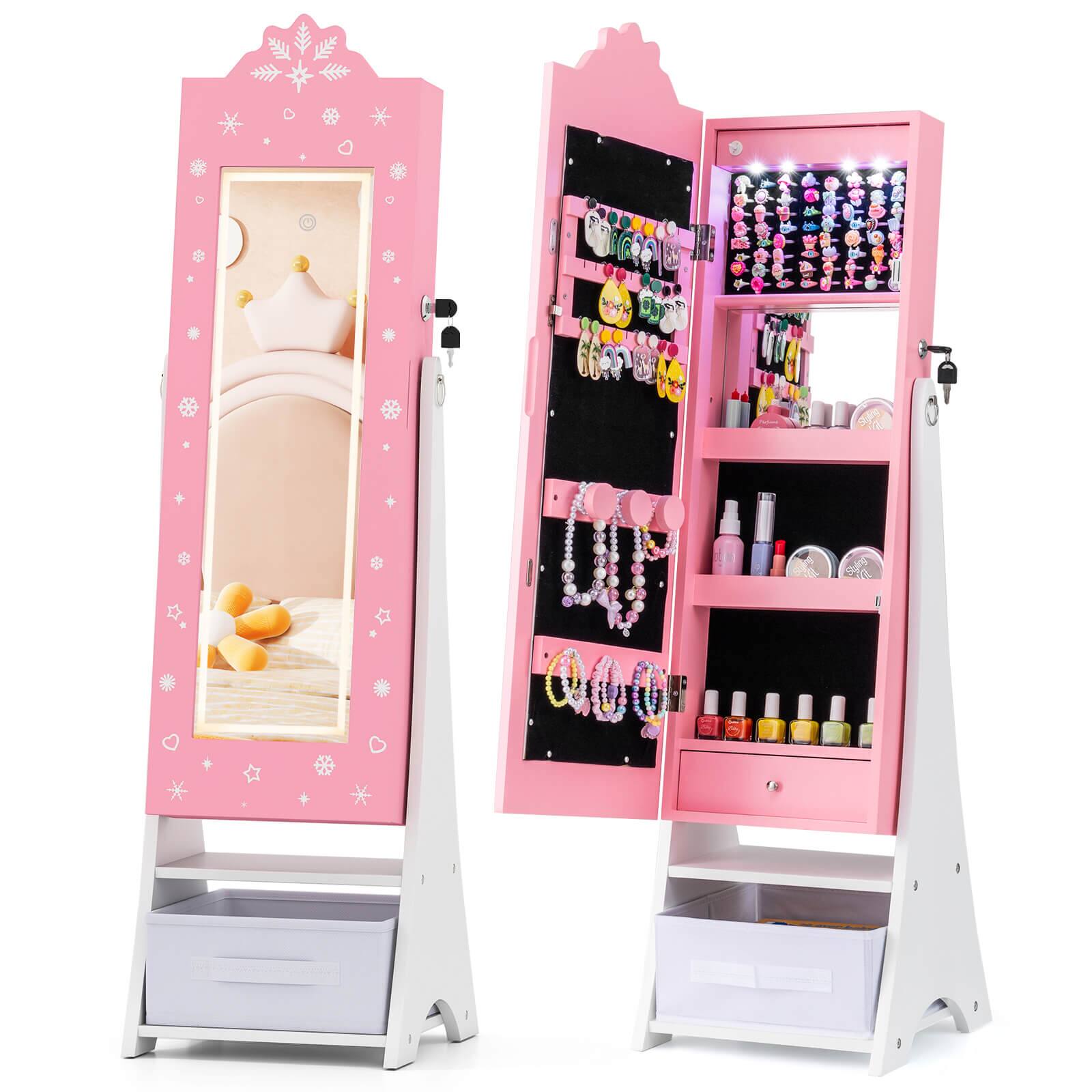 Costway - Kids Jewelry Armoire with 3-Color Lighted Full Length Mirror & Inside Led Lights - Pink