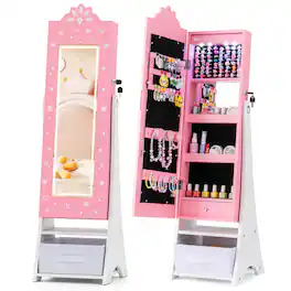 Costway - Kids Jewelry Armoire with 3-Color Lighted Full Length Mirror & Inside Led Lights - Pink