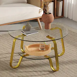 Loheer - Loheer- Tempered Glass Coffee Table Double Tier Metal Frame Center Table for Living Room 2.6x2.6x1.5 ft - Gold