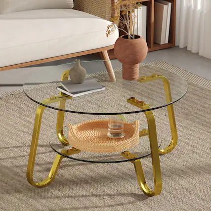 Front. Loheer - Loheer- Tempered Glass Coffee Table Double Tier Metal Frame Center Table for Living Room 2.6x2.6x1.5 ft - Gold.