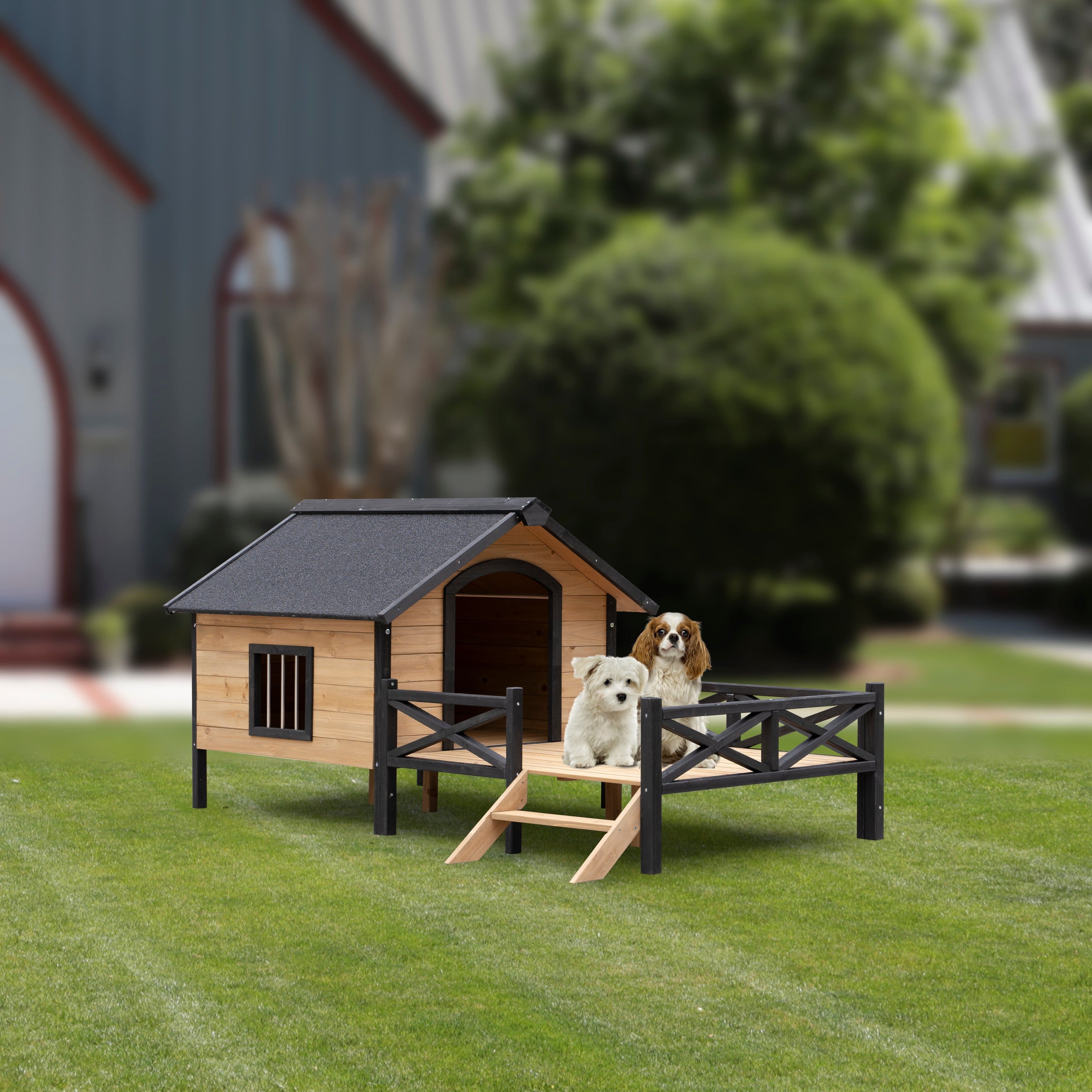 Siljoy - Outdoor Wooden Dog Kennel with Porch, Large Cabin‑Style House for Medium/Large Breeds up to 80 lbs
