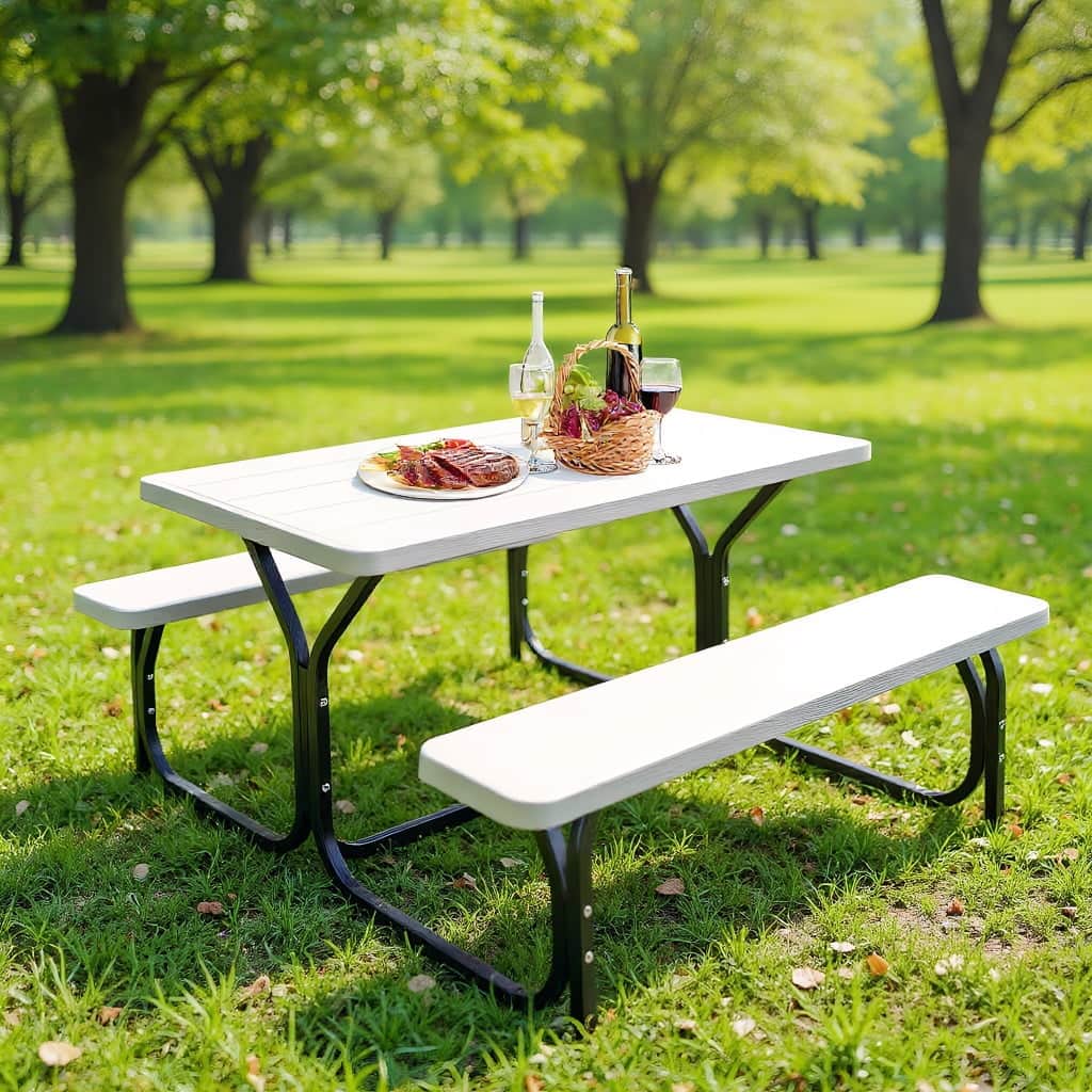 Kadyn - Picnic Table Bench Set for Outdoor Camping -White for Patio Back Deck, Balcany, Poolside - Black
