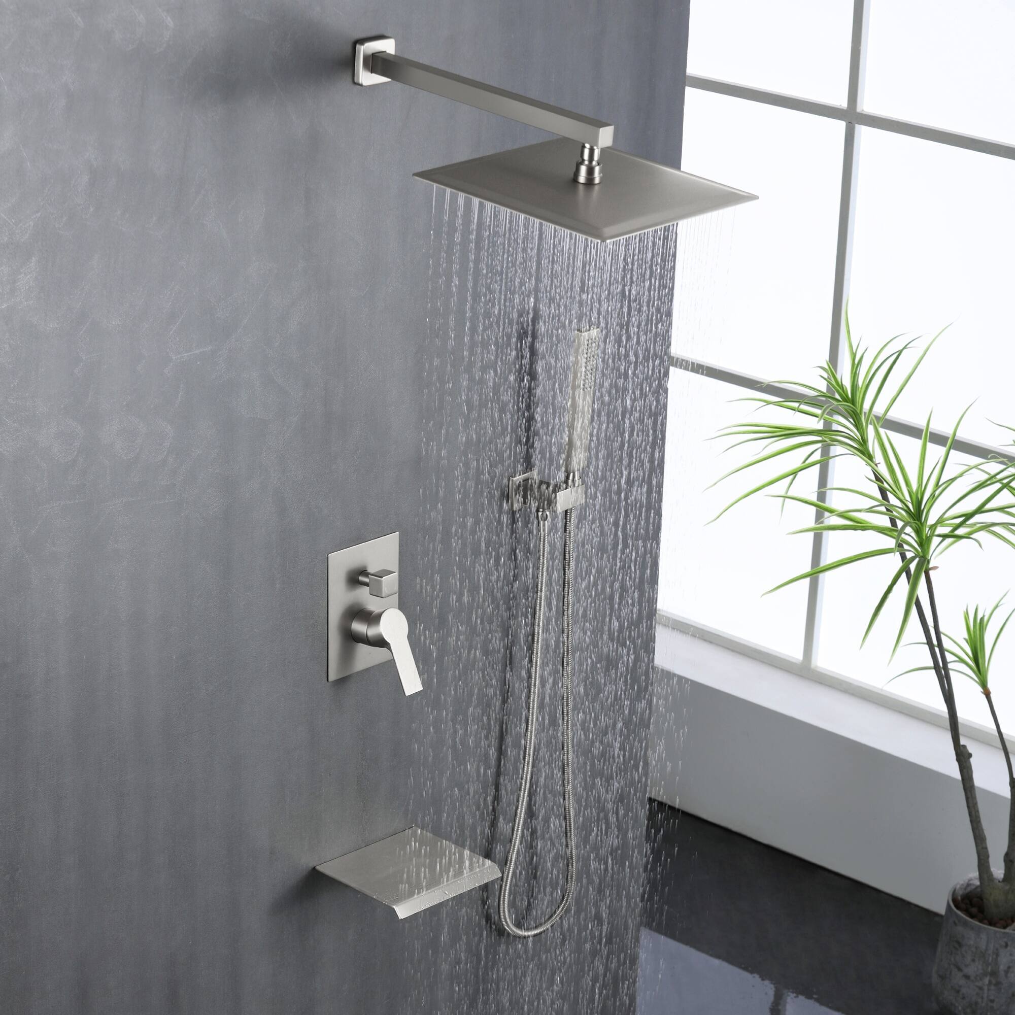 Alt View 2. Boyel Living - Brushed Nickel 12-Inch Rain Shower System Brass SUS304 3-Function Valve Waterfall Spout cUPC - Brushed Nickel.
