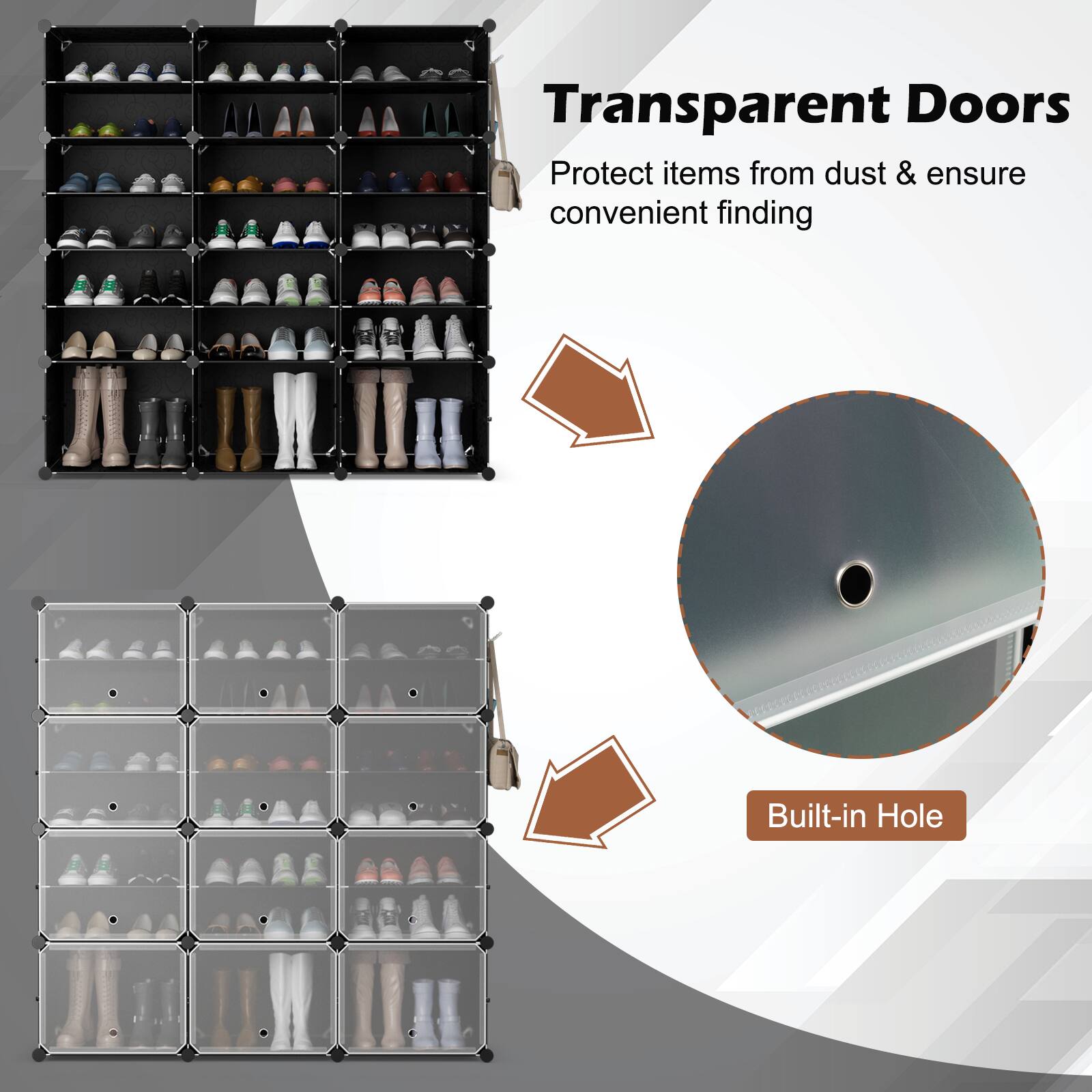 Transparent Doors, Protect items from dust & ensure convenient finding, Built-in Hole