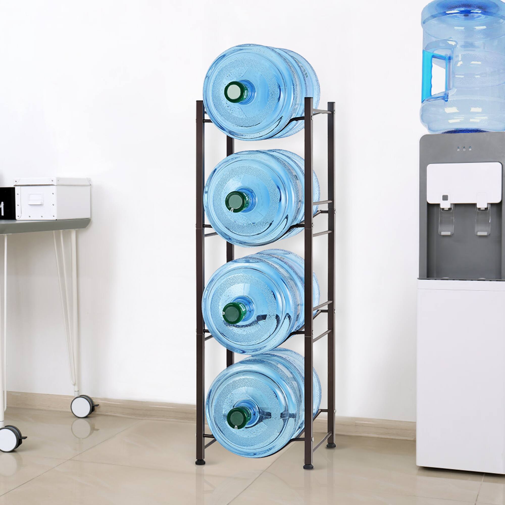 Back. Oumilen - Brown 4-Tier Square Tube Water Bottle Rack, Heavy Duty 5 Gallon Water Jug Storage Holder with Adjustable Feet - Brown.