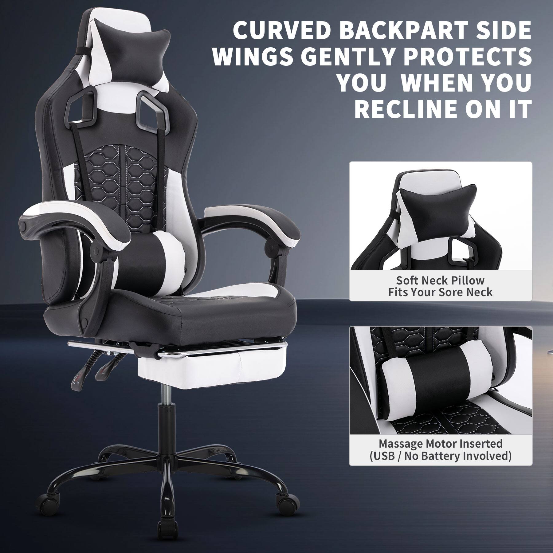 CURVED BACKPART SIDE WINGS GENTLY PROTECTS YOU WHEN YOU RECLINE ON IT

Soft Neck Pillow Fits Your Sore Neck

Massage Motor Inserted (USB / No Battery Involved)