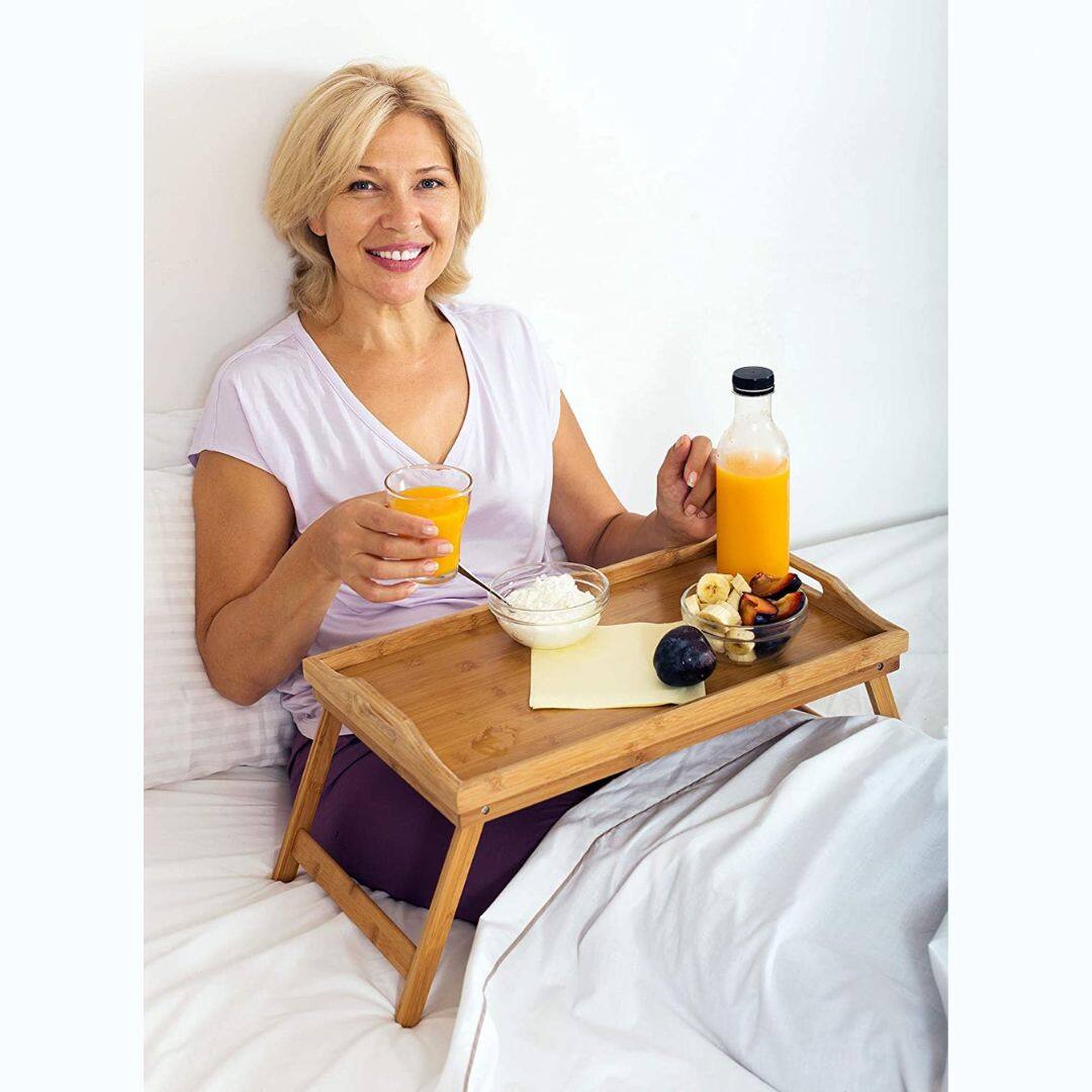 Angle. Home It - Bed Table Tray with Folding Legs - Breakfast Tray Bamboo Bed Tray for Sofa, Bed, Eating, Snacking and Working - BEIGE.