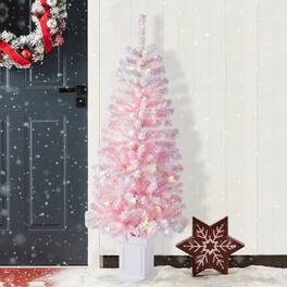 Glitzhome - 5ft Pre-Lit Flocked Pink Artificial Christmas Porch Tree, 130 /multi-color LED Lights,8 function, Foot Pedal - White