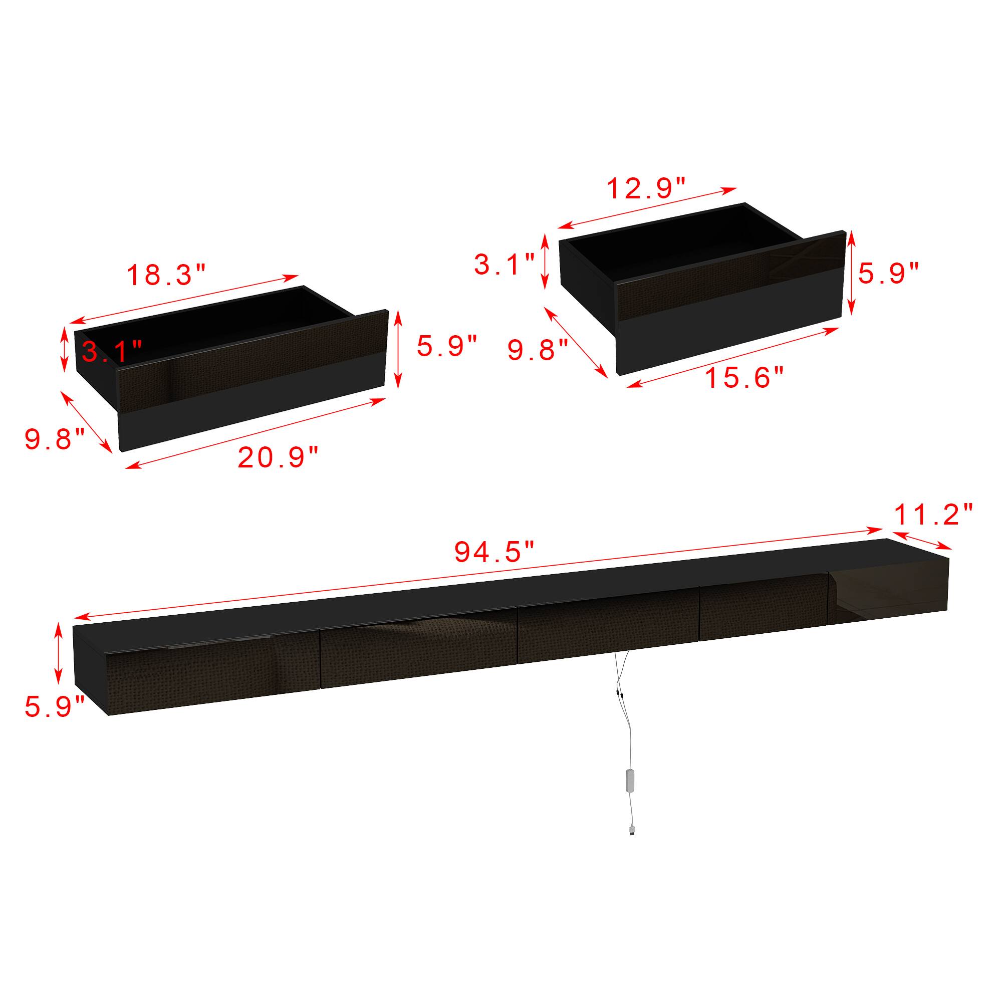 The text can be grouped as follows:

- Length: 94.5"
- Width: 18.3"
- Depth: 5.9"
- Height: 11.2"
- Depth of each compartment: 3.1"
- Width of each compartment: 12.9"
- Height of each compartment: 5.9"
- Depth of each compartment: 9.8"
- Width of each compartment: 15.6"
- Height of each compartment: 9.8"