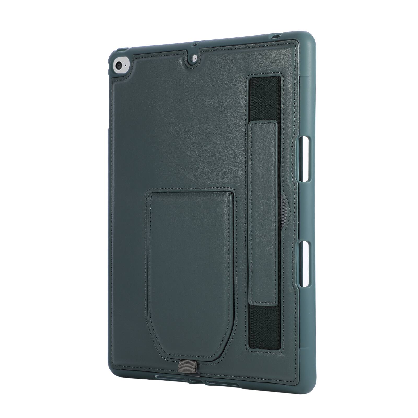 Left. Dteck - Shockproof Case for Apple iPad (6th Generation) 9.7" 2018 with Hand Strap and Kickstand, PU Leather TPU Protective Cover - Darkgreen.