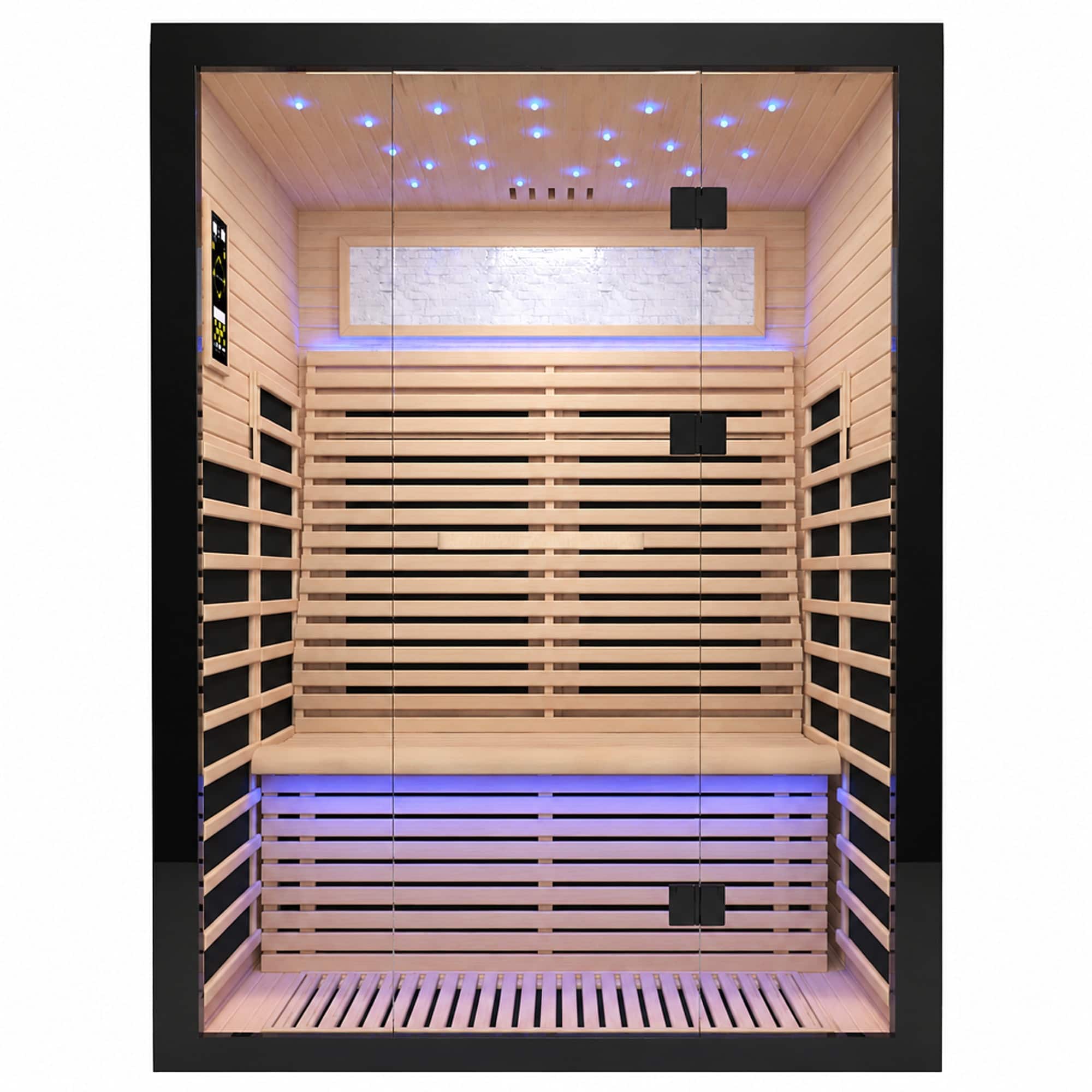 RYHNUYNE - 2 Person Far Infrared Home Sauna, Canadian Hemlock Wood, 8 Heating Plates, 2160W, Starry Ceiling Lights, Indoor Spa - Black+Natural
