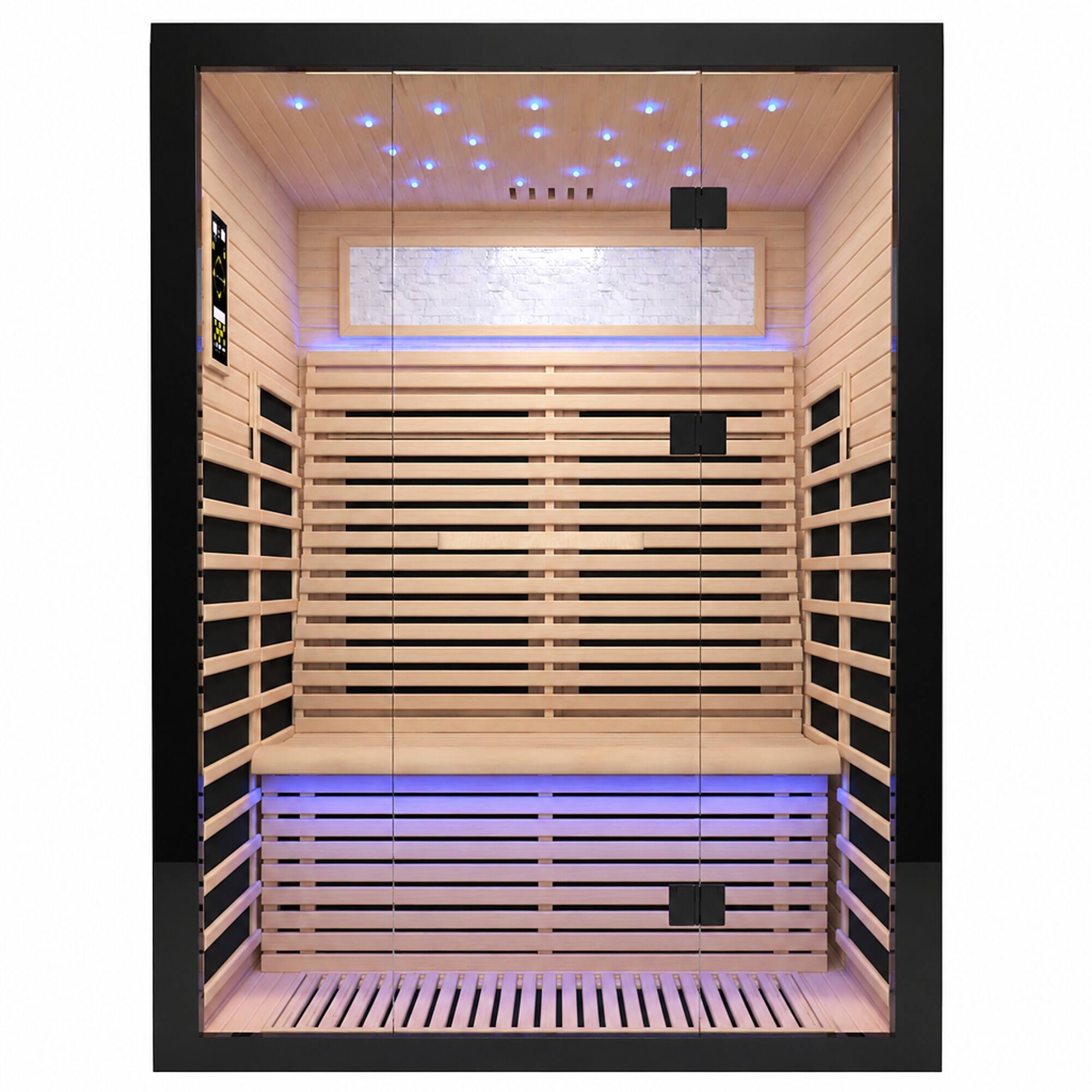 Front. RYHNUYNE - 2 Person Far Infrared Home Sauna, Canadian Hemlock Wood, 8 Heating Plates, 2160W, Starry Ceiling Lights, Indoor Spa - Black+Natural.