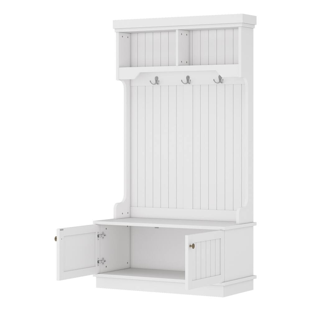 Back. Loheer - Loheer White Hall Tree with Shoe Bench, Multifunctional Entryway Coat Rack with Storage Cabinet - White.
