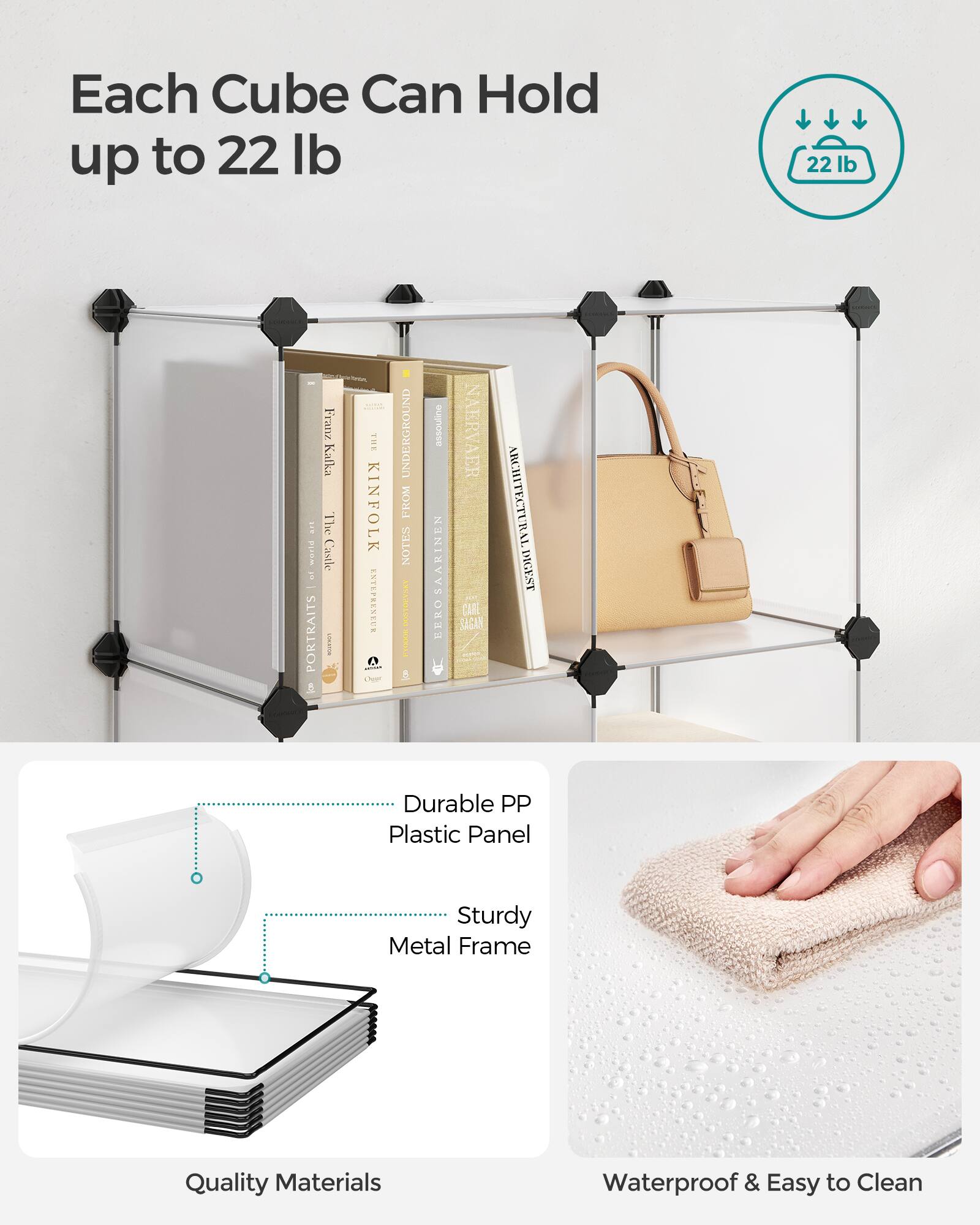 Each Cube Can Hold up to 22 lb

22 lb

PORTRAITS E Franz Kafka The Castle i THE KINFOLK ENTEPRENEUR - Oeer UNDERGROUND FROM NOTES 1ES I assouline EEROSAARINEN NAERVAER CARL SAGAN ABCHITECTURAL DIGEST

Durable PP Plastic Panel Sturdy Metal Frame Quality Materials Waterproof & Easy to Clean