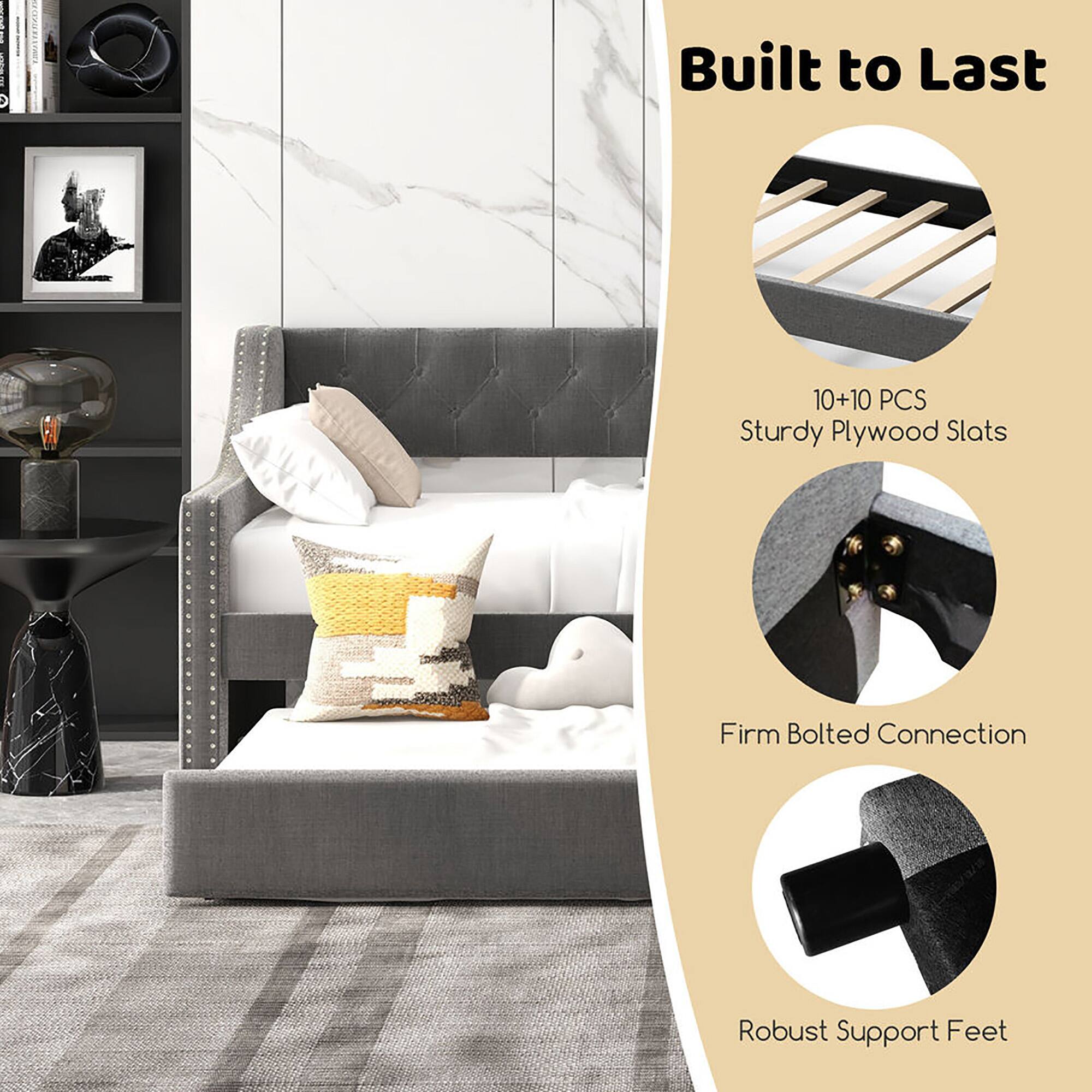 Built to Last

10+10 PCS Sturdy Plywood Slats

Firm Bolted Connection

Robust Support Feet