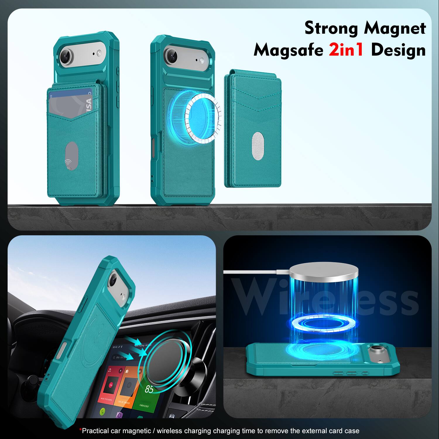Strong Magnet Magsafe 2in1 Design

Practical car magnetic / wireless charging charging time to remove the external card case