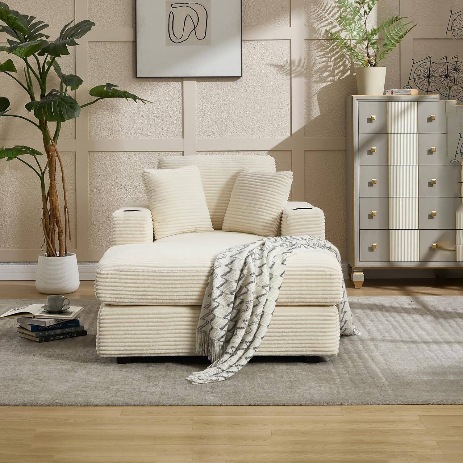 Alt View 2. Trinkets Crazed - Corduroy Chaise Lounge Chair Indoor, Comfy Fluffy Single Sleeper Sofa with Cup Holders and Pockets - beige.
