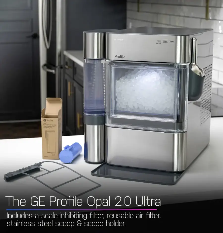 The GE Profile Opal 2.0 Ultra includes a scale-inhibiting filter, reusable air filter, stainless steel scoop & scoop holder.