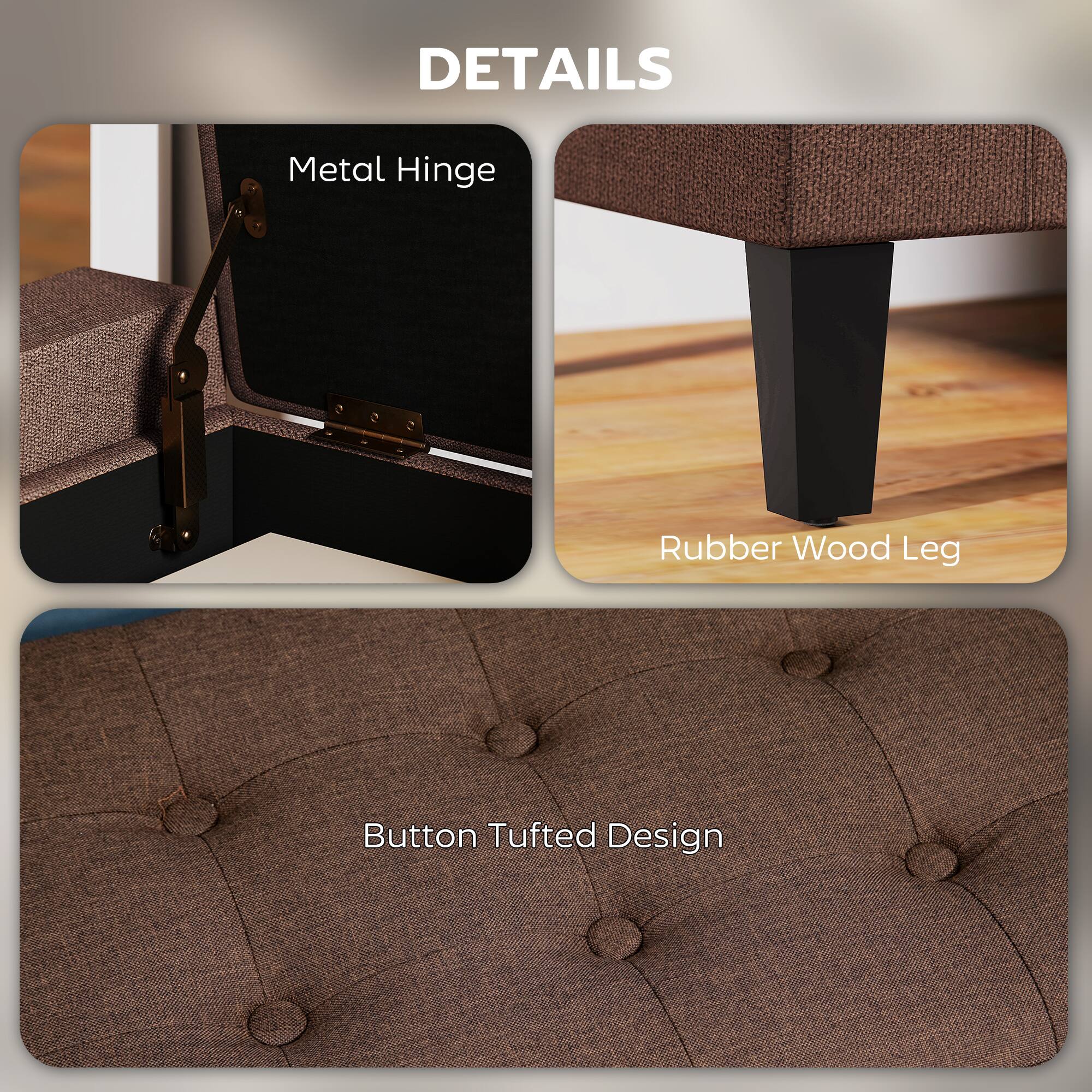 DETAILS

- Metal Hinge
- Rubber Wood Leg
- Button Tufted Design