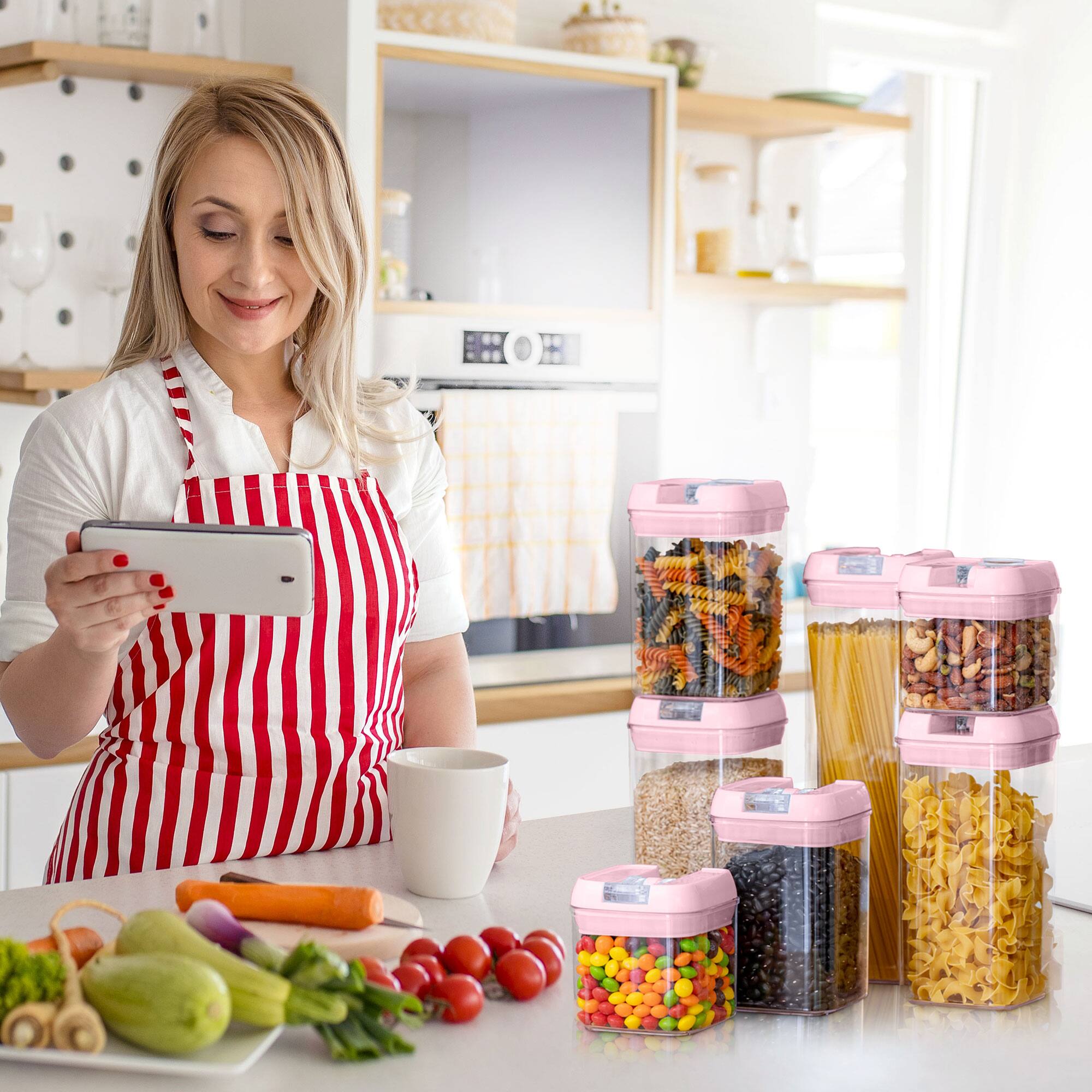 Alt View 1. Cheer Collection - 7-Piece Airtight Pantry Food Storage Container Set with Mixed Sizes, Flip-Top Lids & Reusable Labels - Pink.