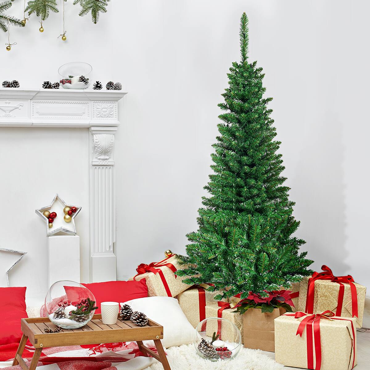 Alt View 14. Costway - 4.5ft Pre-Lit Hinged Fir Pencil Christmas Tree 150 Multicolor Light - Green.