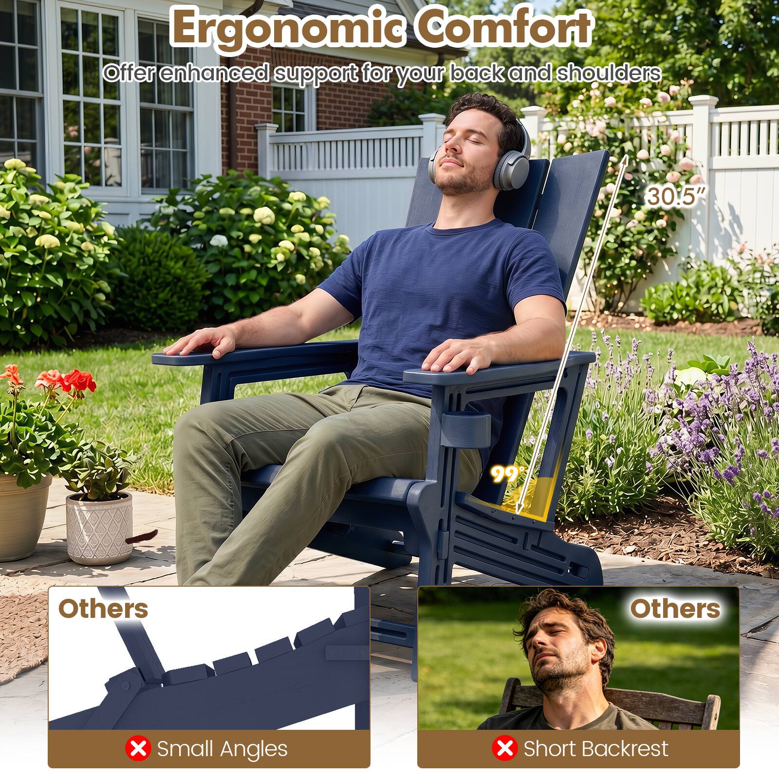 Ergonomic Comfort  
Offer enhanced support for your back and shoulders  

30.5"  
99°  

Others  
Small Angles  

Others  
Short Backrest