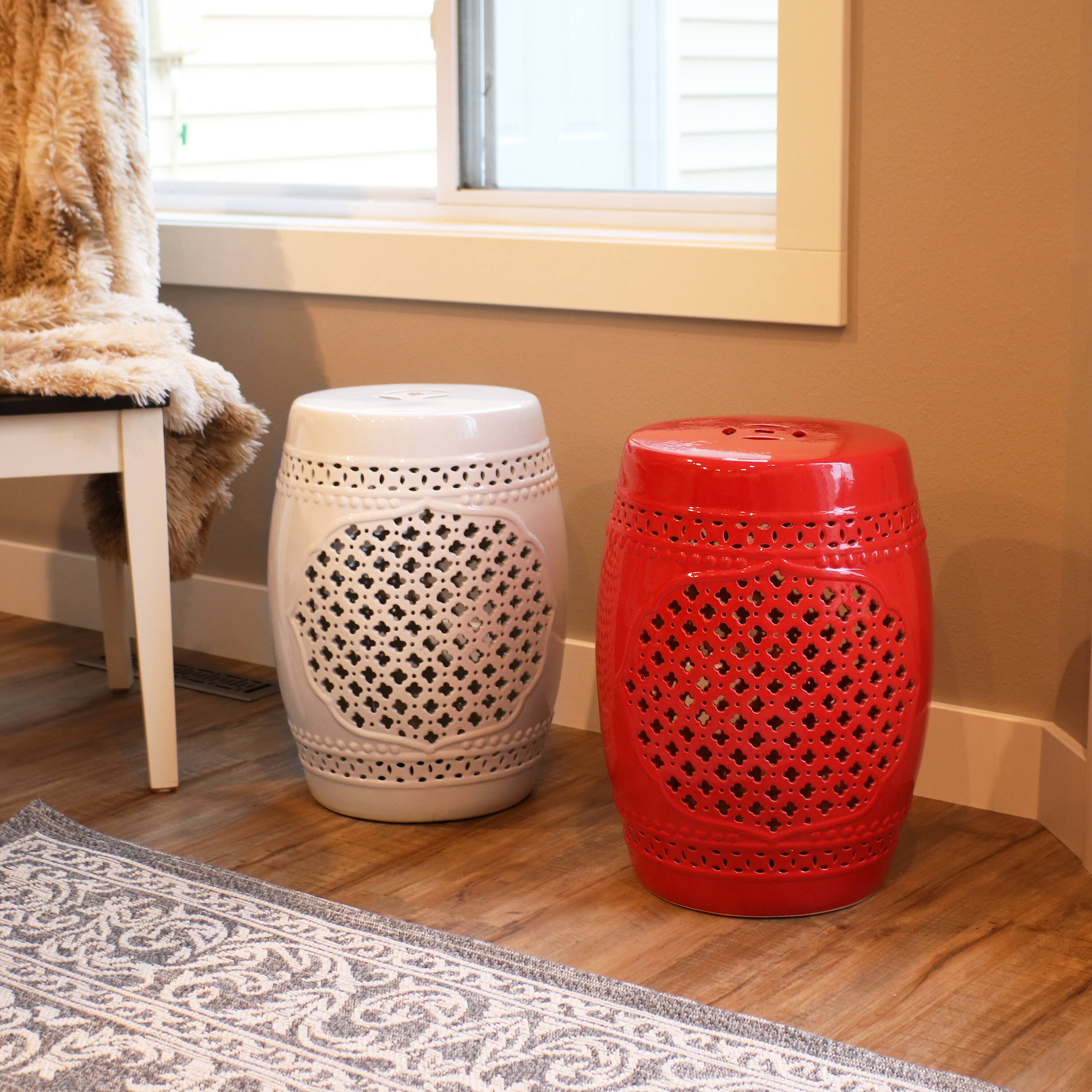 Alt View 5. Sunnydaze - 17.75 in Marrakesh Lattice Ceramic Glaze Garden Stool - Red.