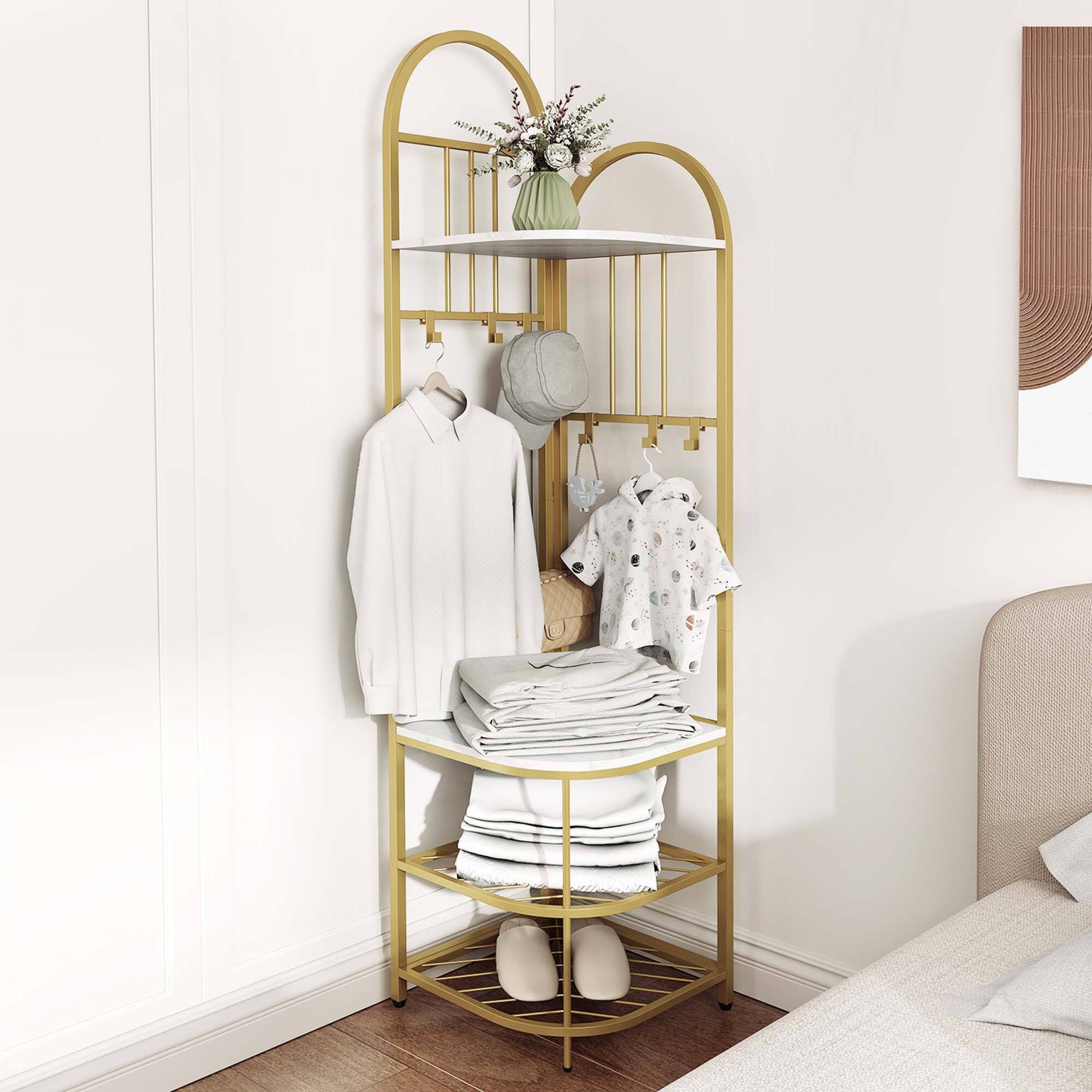 Alt View 4. Costway - Costway 4-Tier Coat Rack Corner Hall Tree with Shoe Storage Bench 6 Removable Hooks Bedroom - White.
